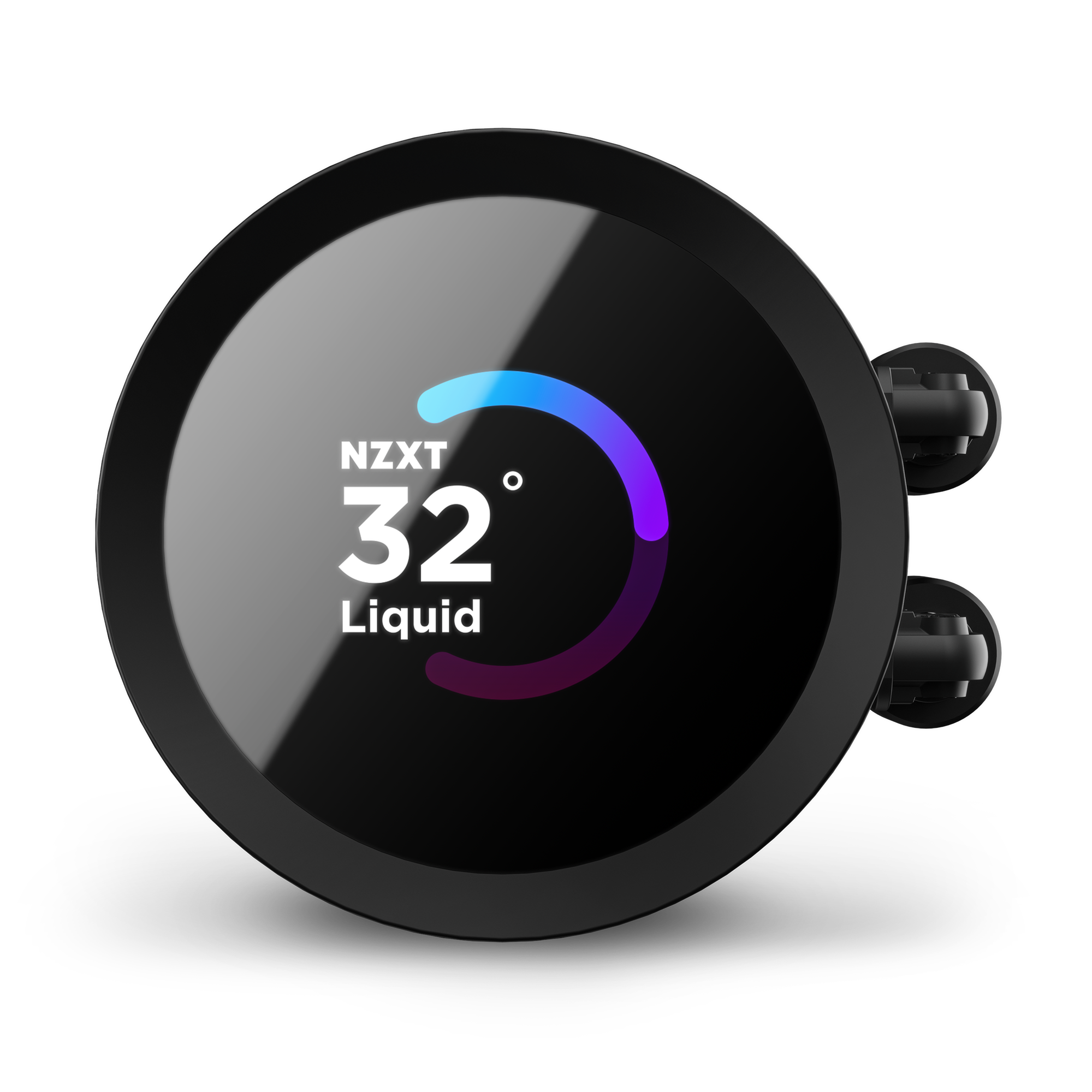 The NZXT Kraken 360 RGB’s round LCD screen displays the liquid temperature at 32°C with a colored circular progress bar on a black background, easily monitored via NZXT CAM software.