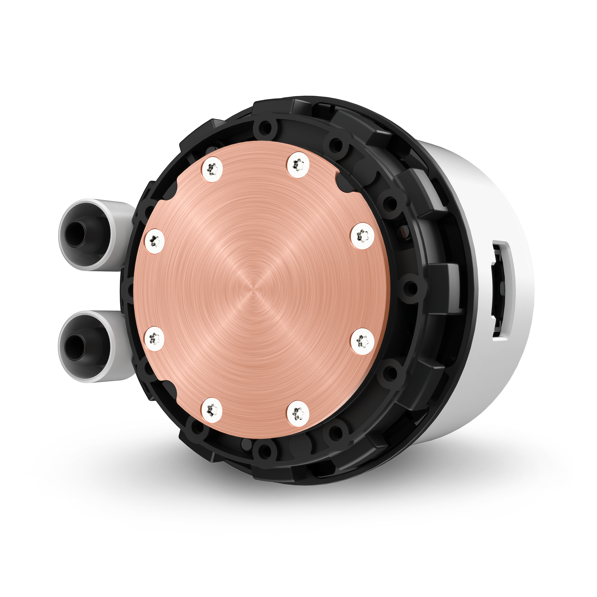 Close-up of the NZXT Kraken 360 RGB, showing its copper-colored plate with eight screws, two black cylindrical connectors on the left, and a black and white casing for efficient cooling.