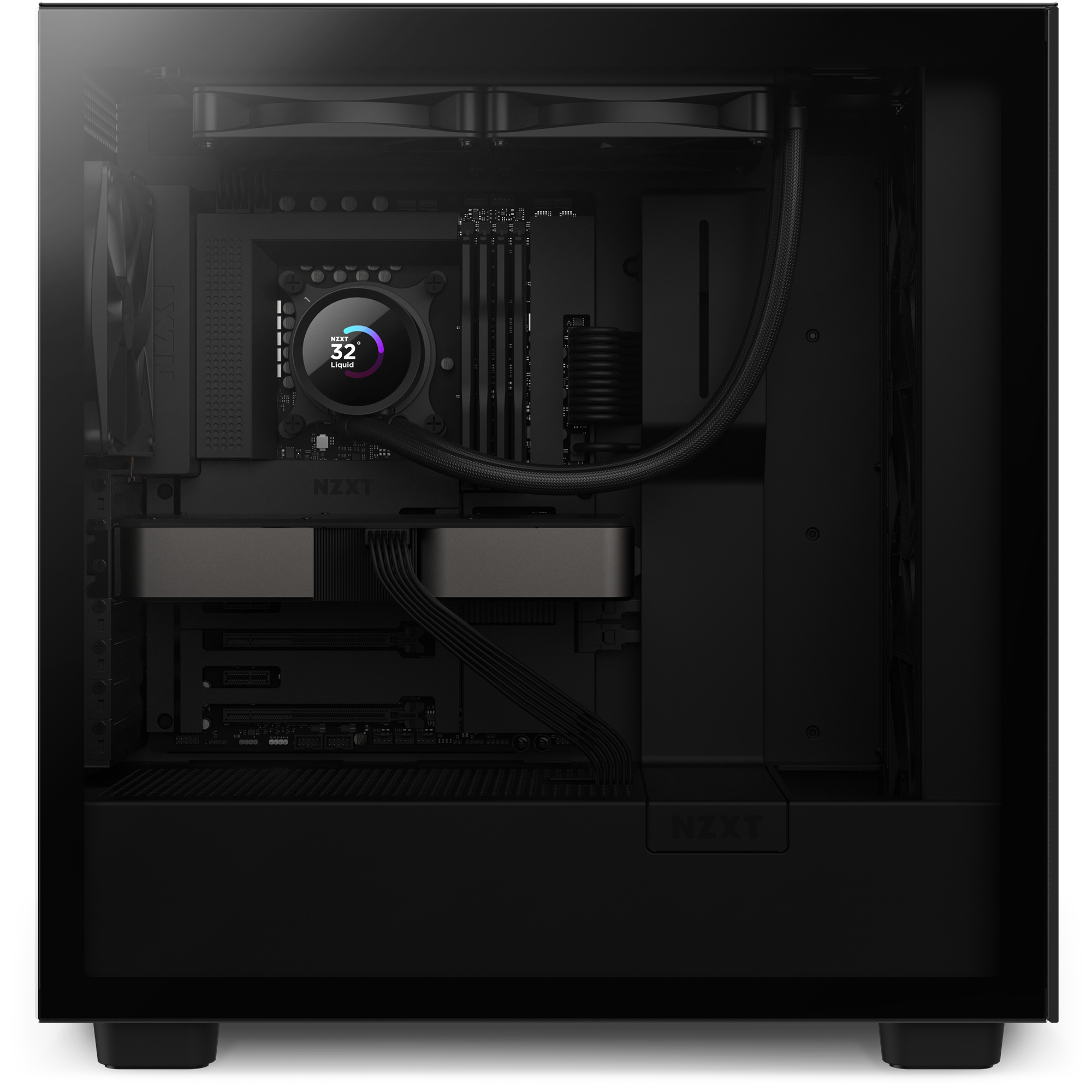 A black desktop computer tower with a transparent side panel displays its clean, modern interior, including organized cables and an NZXT Kraken 280 liquid CPU cooler showing 32°C, along with visible graphics card and RAM sticks.
