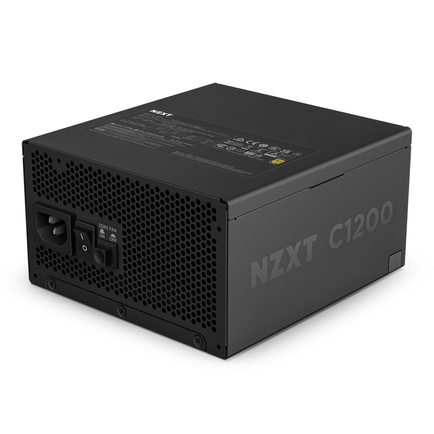 The NZXT C1200 Gold ATX 3.1 PSU features ventilation holes, a power switch, and branding; its black and perfect for systems using NVIDIA GeForce RTX 50 Series cards, shown here with a sleek black background.