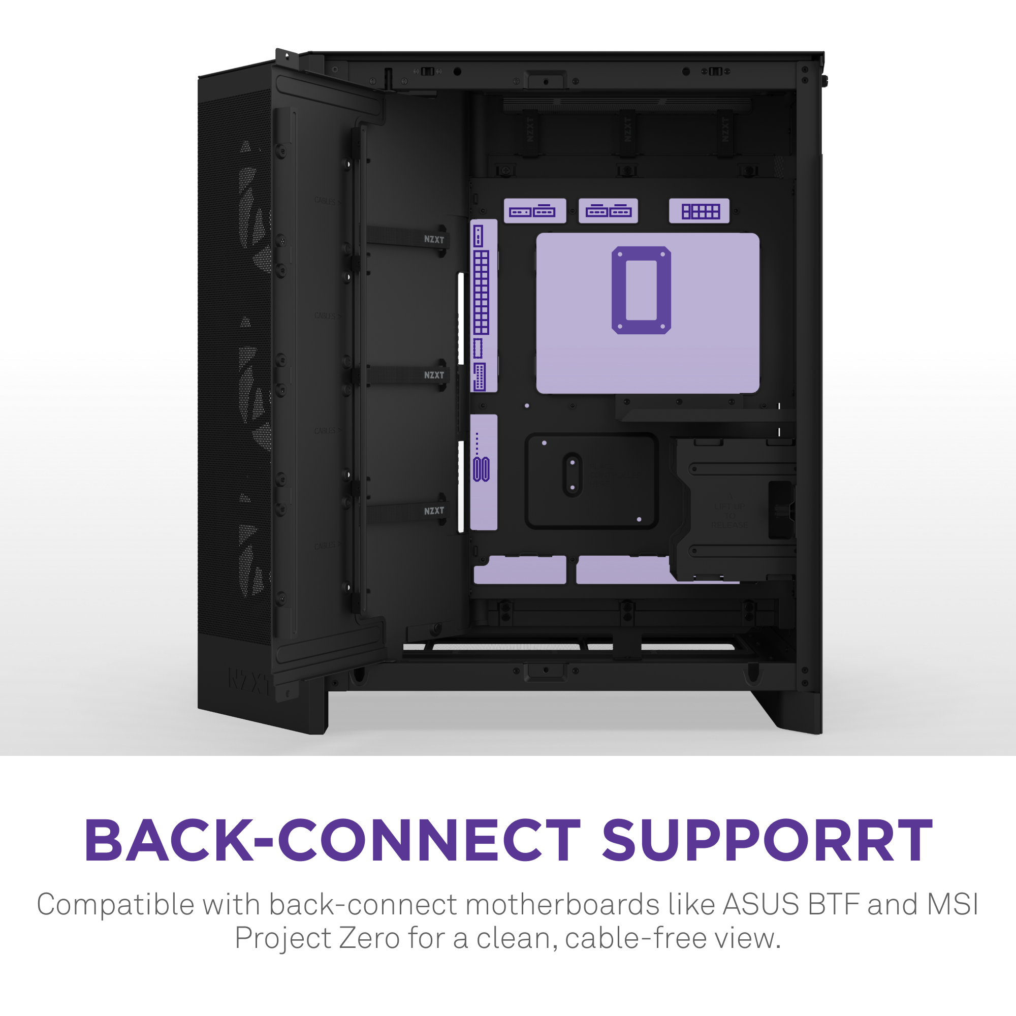 The NZXT H9 Flow is a black ATX case with a dual-chamber design and open side panel, optimized for back-connect motherboards. Compatible with ASUS BTF and MSI Project Zero for a clean, cable-free interior.