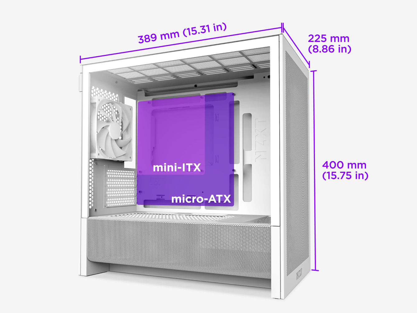 White computer case with labeled internal dimensions: 389 mm (15.31 in) wide, 225 mm (8.86 in) deep, and 400 mm (15.75 in) tall. Mini-ITX and micro-ATX motherboard sizes are shown in purple inside the case.