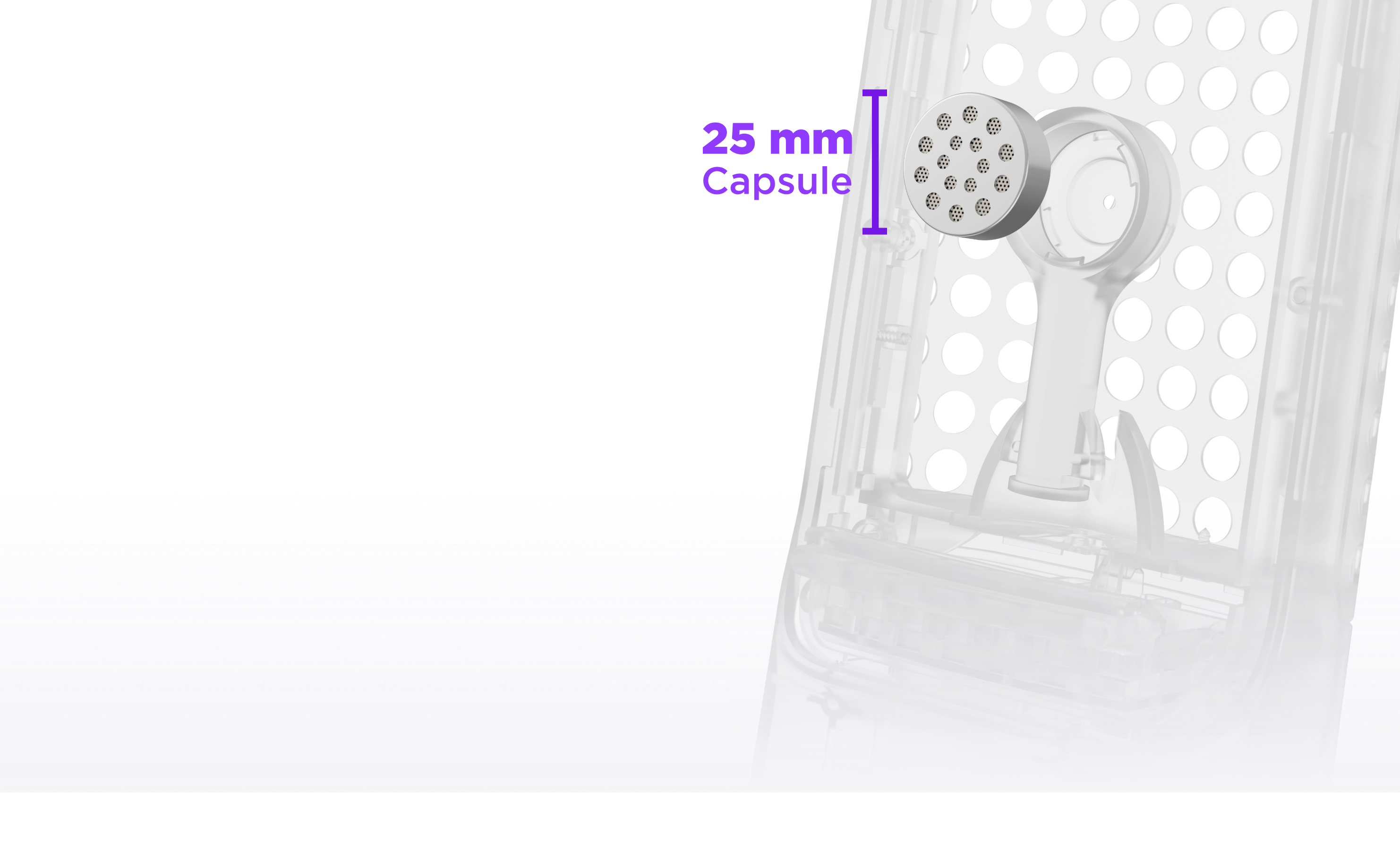 Transparent device showing a circular 25 mm capsule suspended inside, with a purple bracket and text labeling the capsule size. The background is white with a gradient to black at the top left.