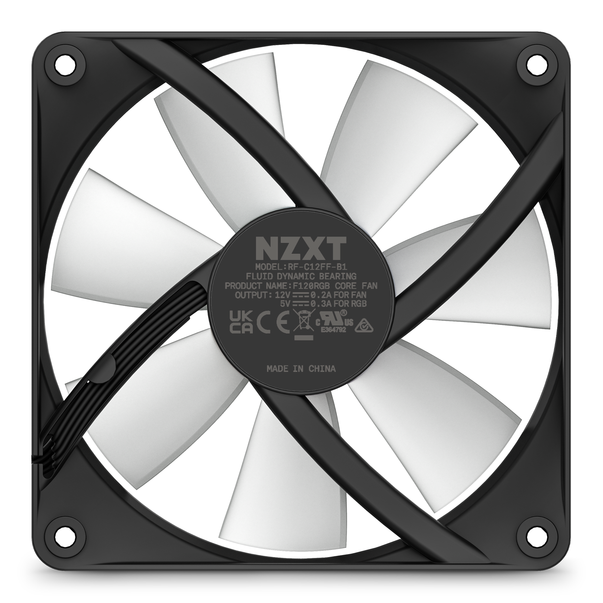 A front view of the NZXT F120 RGB Core Fan shows white blades and visible model info on the hub. Designed for high static pressure, its ideal for efficient PC cooling in various builds.