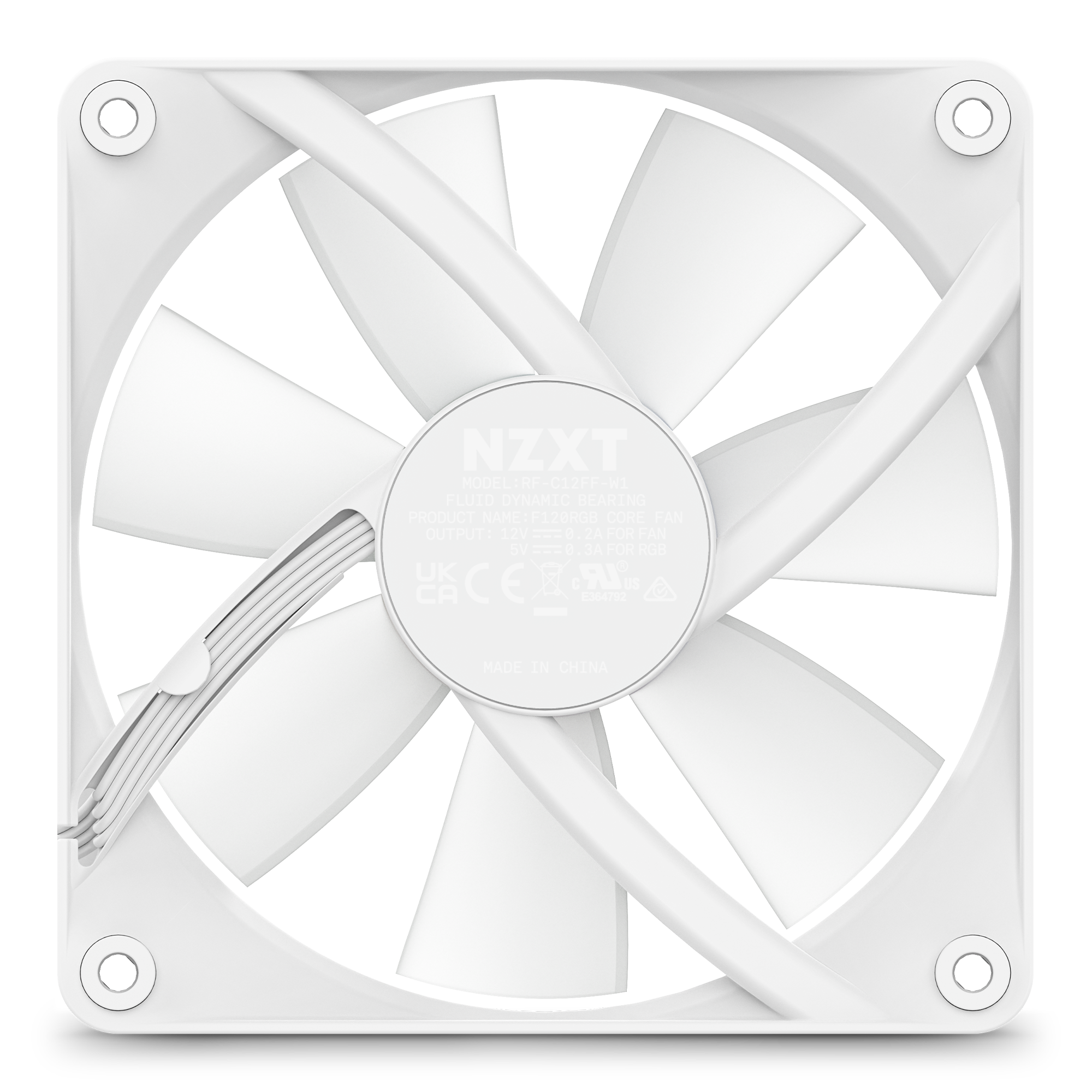 The NZXT F120 RGB Core Fans are white, feature a seven-blade design and square frame for optimal static pressure, display the NZXT logo on the hub with certification markings, and have a white cable attached to the side.
