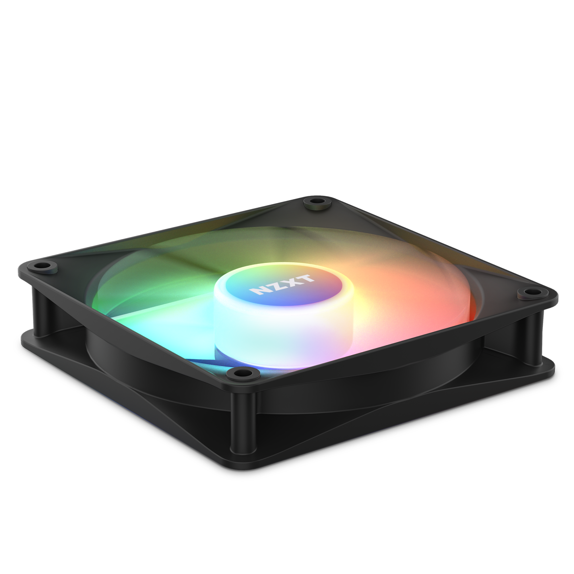 An NZXT F120 RGB Core Fan is shown at an angle on a black background, its circular blades illuminated in green, yellow, orange, and pink hues to highlight customizable lighting effects.