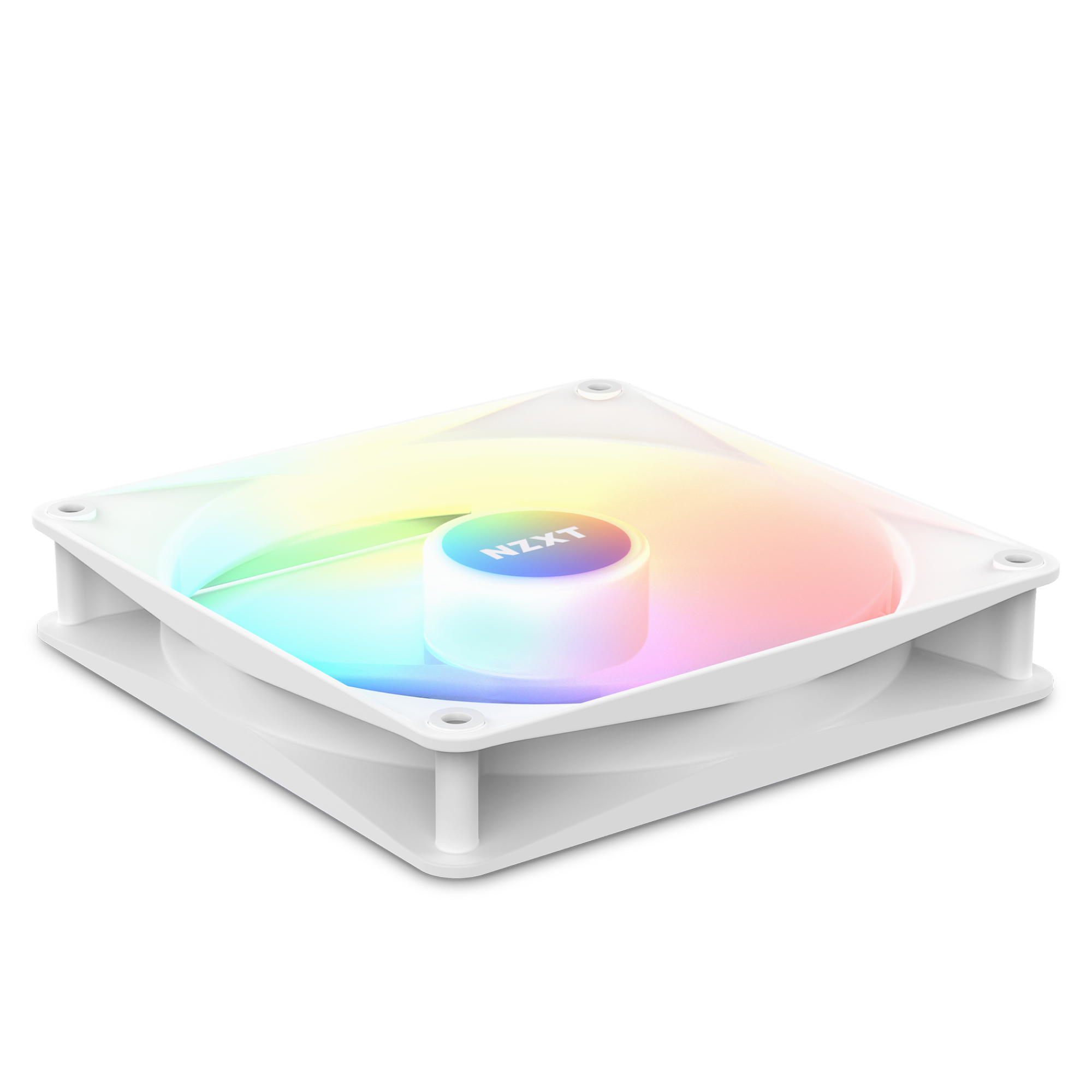 The NZXT F120 RGB Core Fan, finished in white, features static pressure and customizable RGB lighting with gradient blue, green, yellow, and pink effects—all showcased on a transparent background.