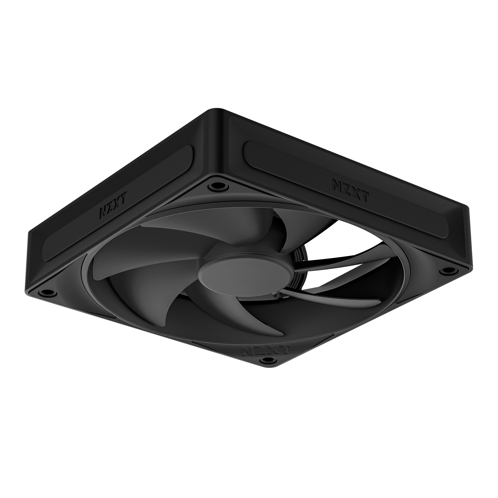The NZXT F120P, a black square computer cooling fan, is shown from a low angle against a dark background, emphasizing its optimized blades and durable frame.