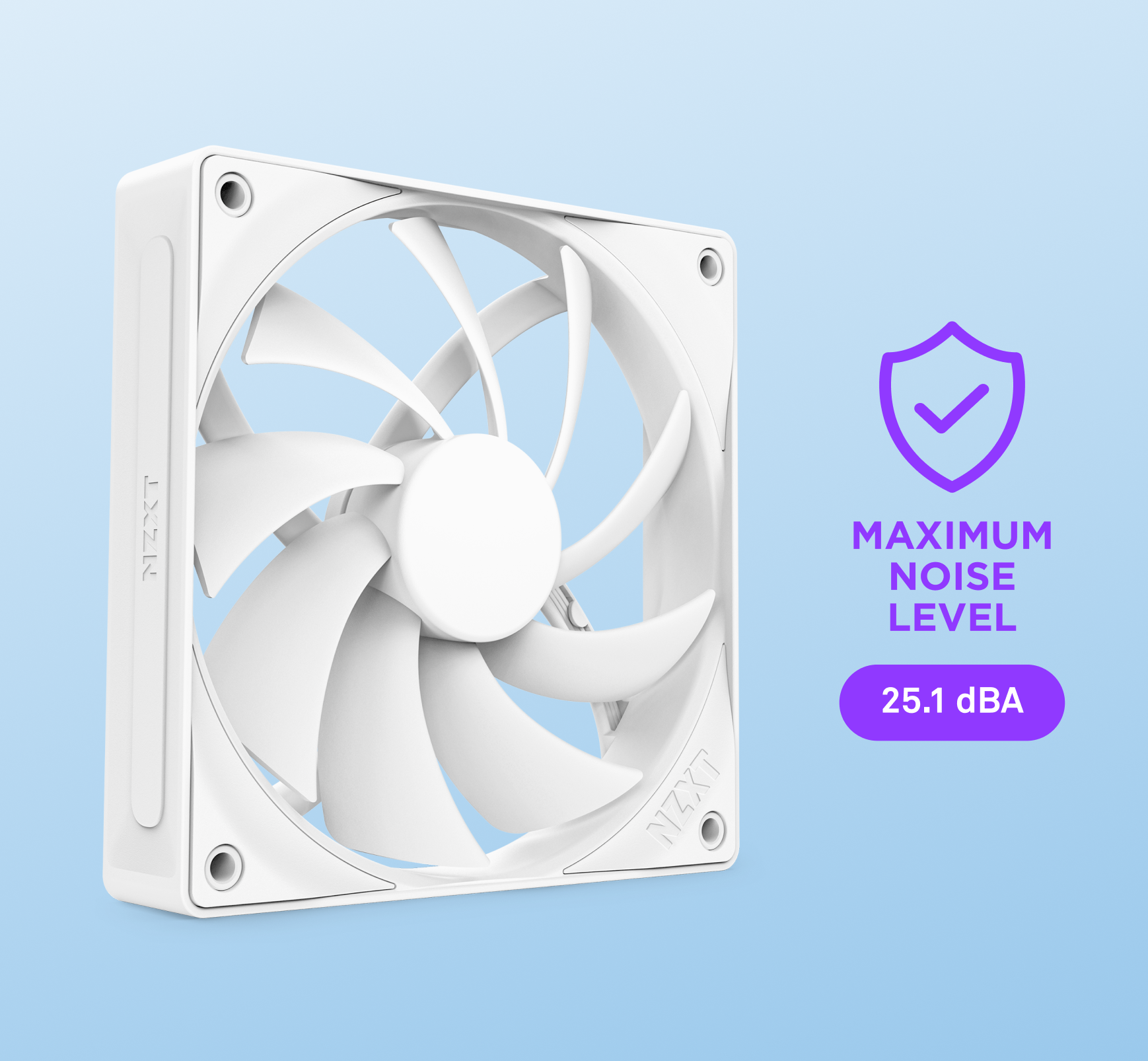A white computer cooling fan is shown on a light blue background. Next to it is a purple shield icon and text that reads MAXIMUM NOISE LEVEL 25.1 dBA.
