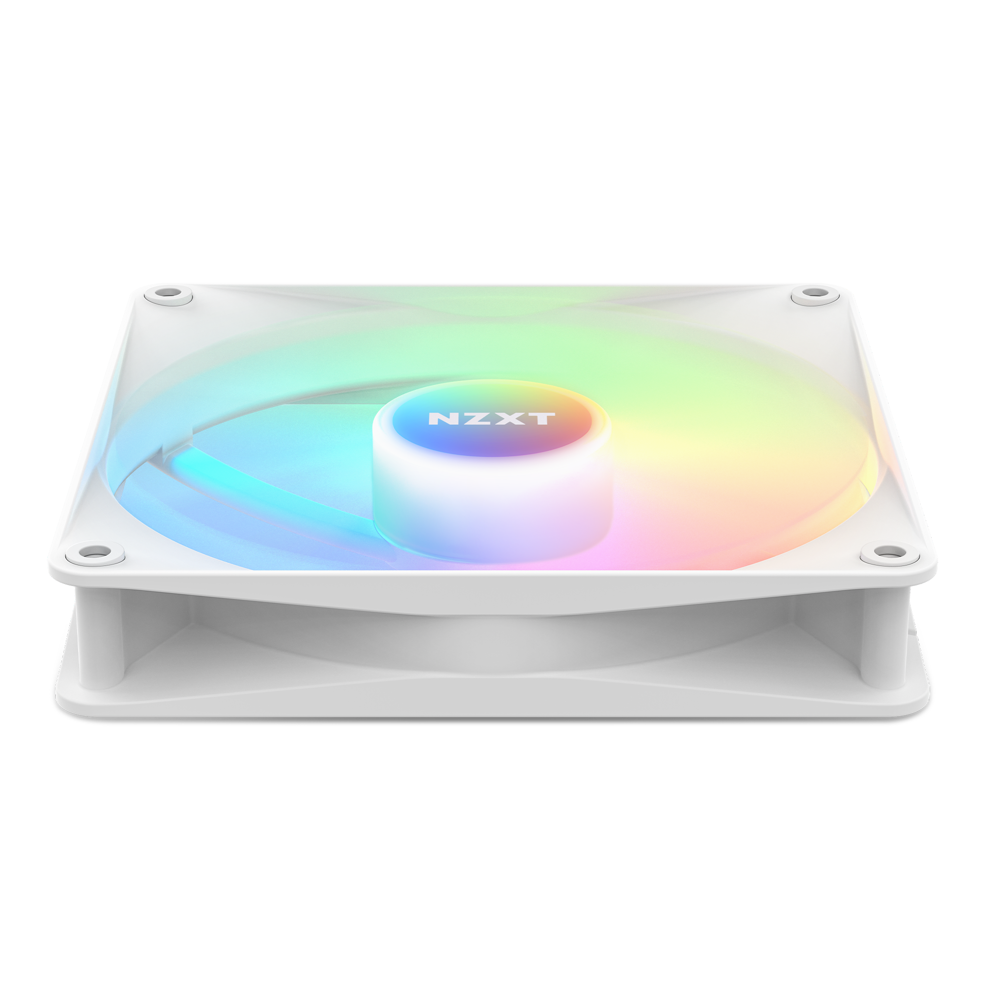 The NZXT F140 RGB Core fan features a white square frame with rounded edges, vibrant RGB lighting in green, yellow, blue, and pink, excellent static pressure, and is compatible with NZXT CAM for customization.