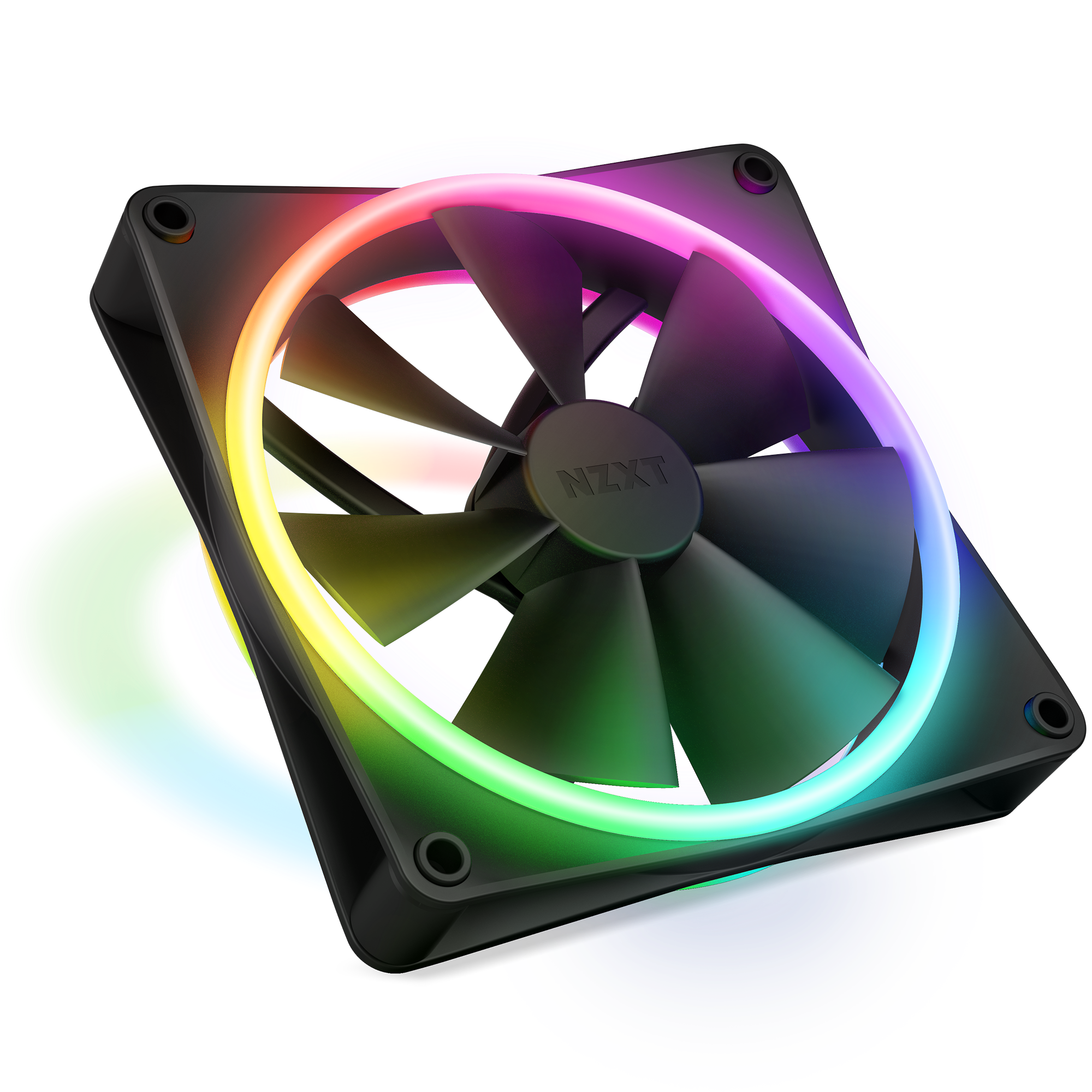 The NZXT F140 RGB Duo is a black computer cooling fan with RGB lighting around the frame, showing vibrant colors such as green, blue, yellow, and pink. Its designed for high static pressure and looks great on transparent backgrounds.