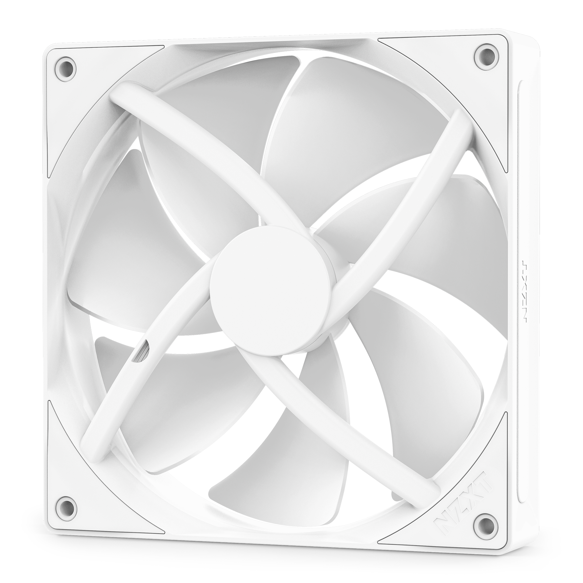 The NZXT F140P is a white, square static pressure fan with five curved blades, fluid dynamic bearings, and a white frame—NZXTs logo embossed in the bottom right—delivering high-performance cooling for your system.