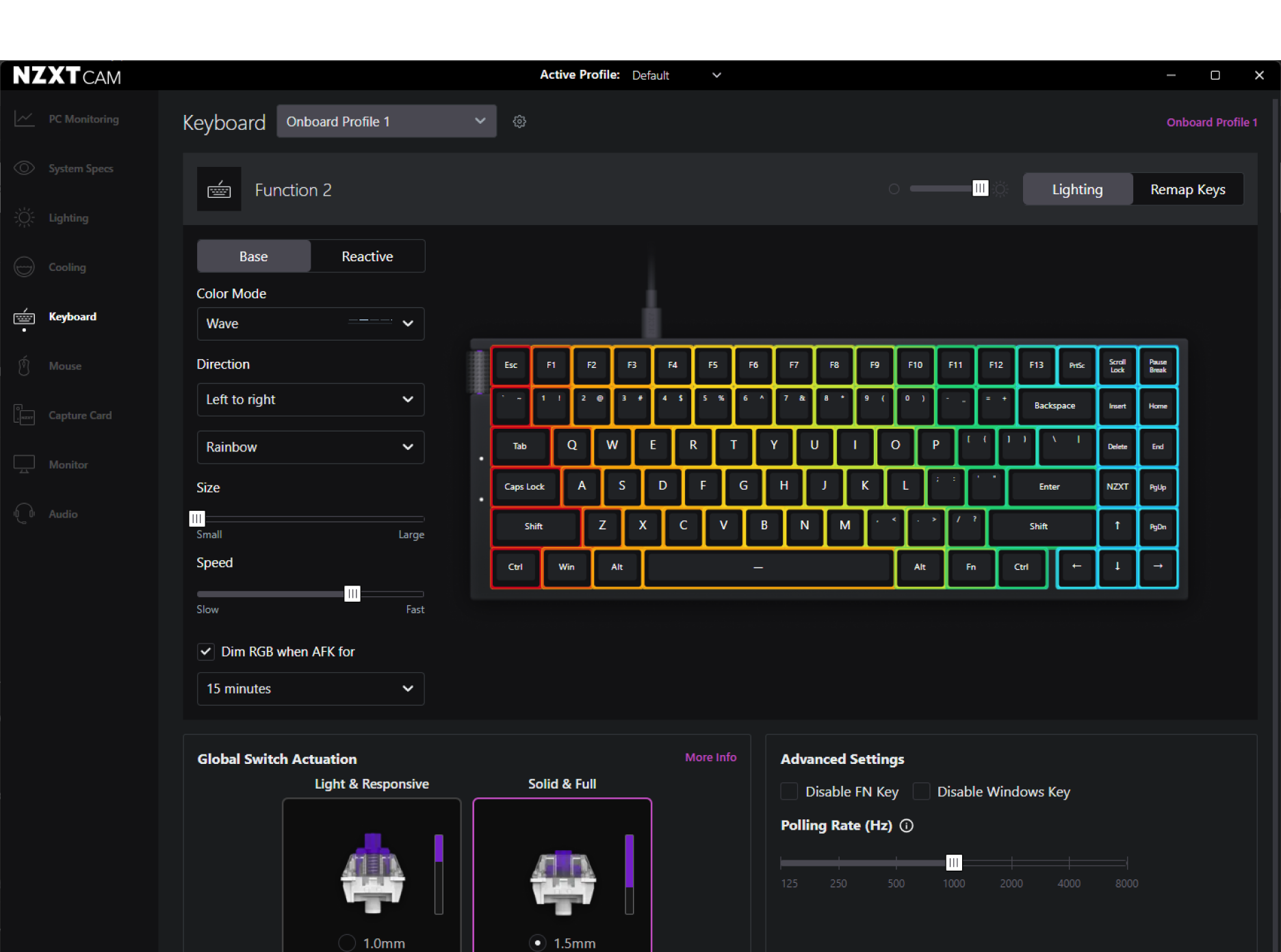 Screenshot of NZXT CAM software showing keyboard lighting settings. A keyboard is displayed with RGB colors in a wave pattern, and various customization options are visible on the left and below, including color mode, direction, speed, and actuation settings.