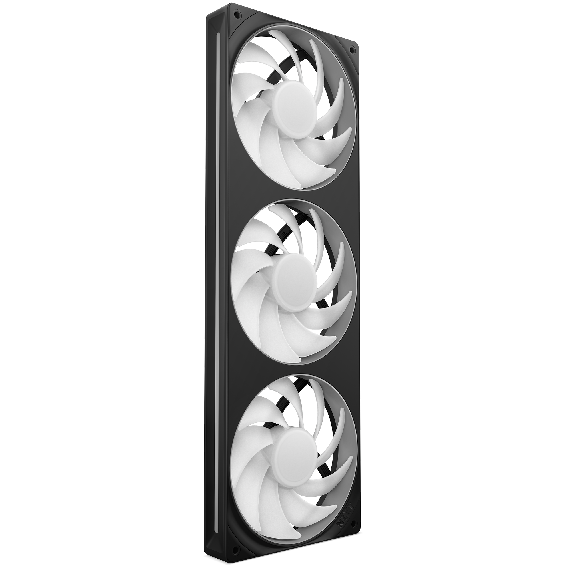 The NZXT F360 RGB Core is a vertical, rectangular black cooling fan unit featuring three large white circular integrated fans with curved blades in a slim frame, providing impressive cooling performance.