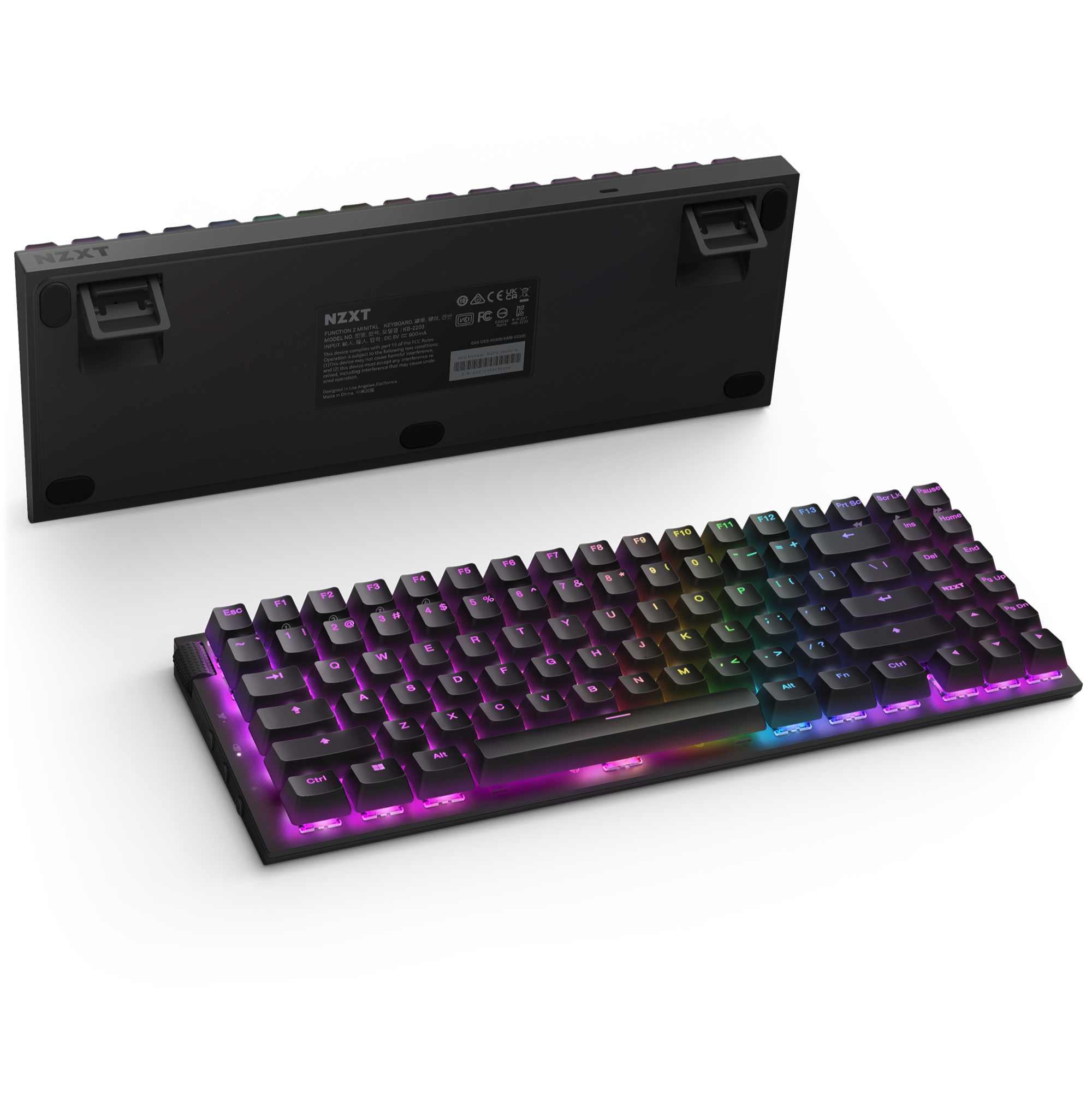 The NZXT Function 2 MiniTKL mechanical keyboard is displayed from the front and rear, showcasing its RGB backlit keys, adjustable feet, product label on the underside, and an impressive 8,000 Hz polling rate.