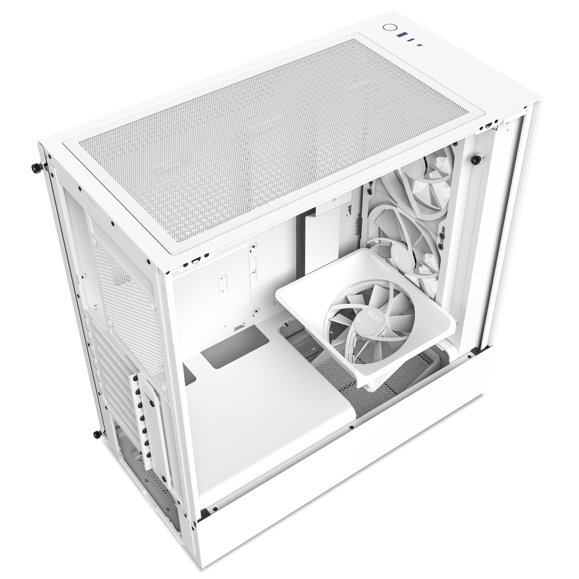 The NZXT H5 Elite computer case features a mesh top panel and tempered glass front, with panels removed to show its spacious interior, cooling fans (mounted and detached), multiple component slots, and optimized airflow.