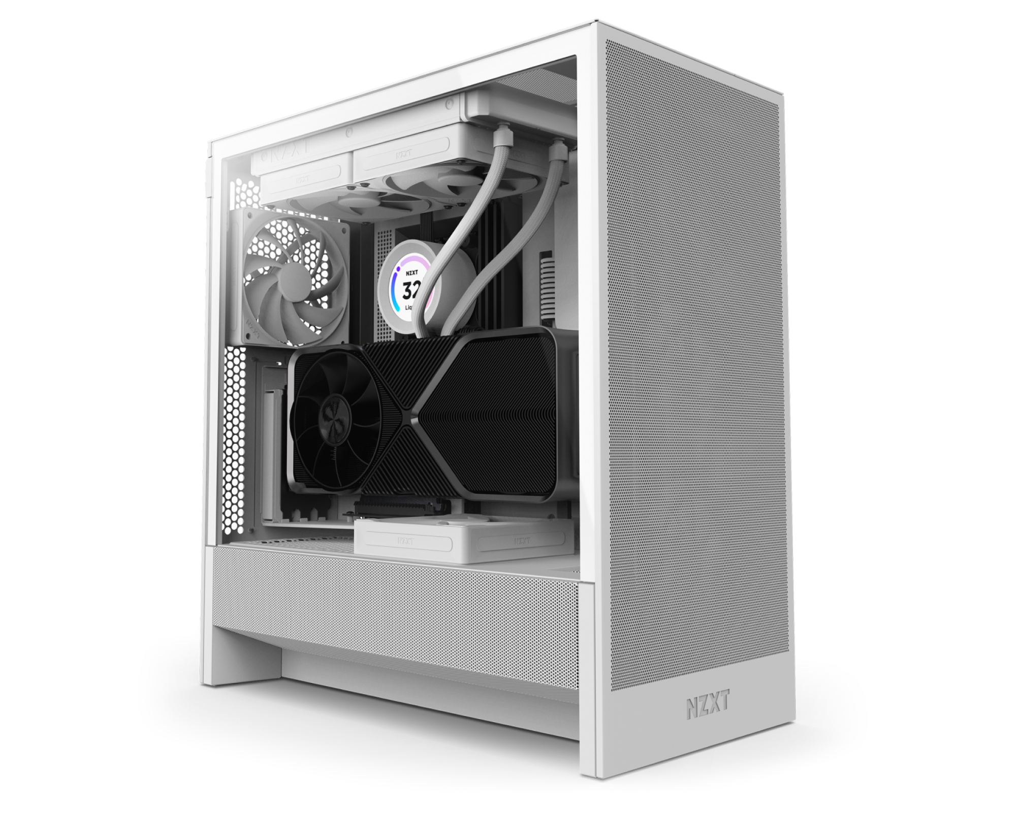 A white NZXT computer case with a transparent side panel, housing a large black graphics card, cooling tubes, an illuminated fan, and a digital temperature display reading 37°C.