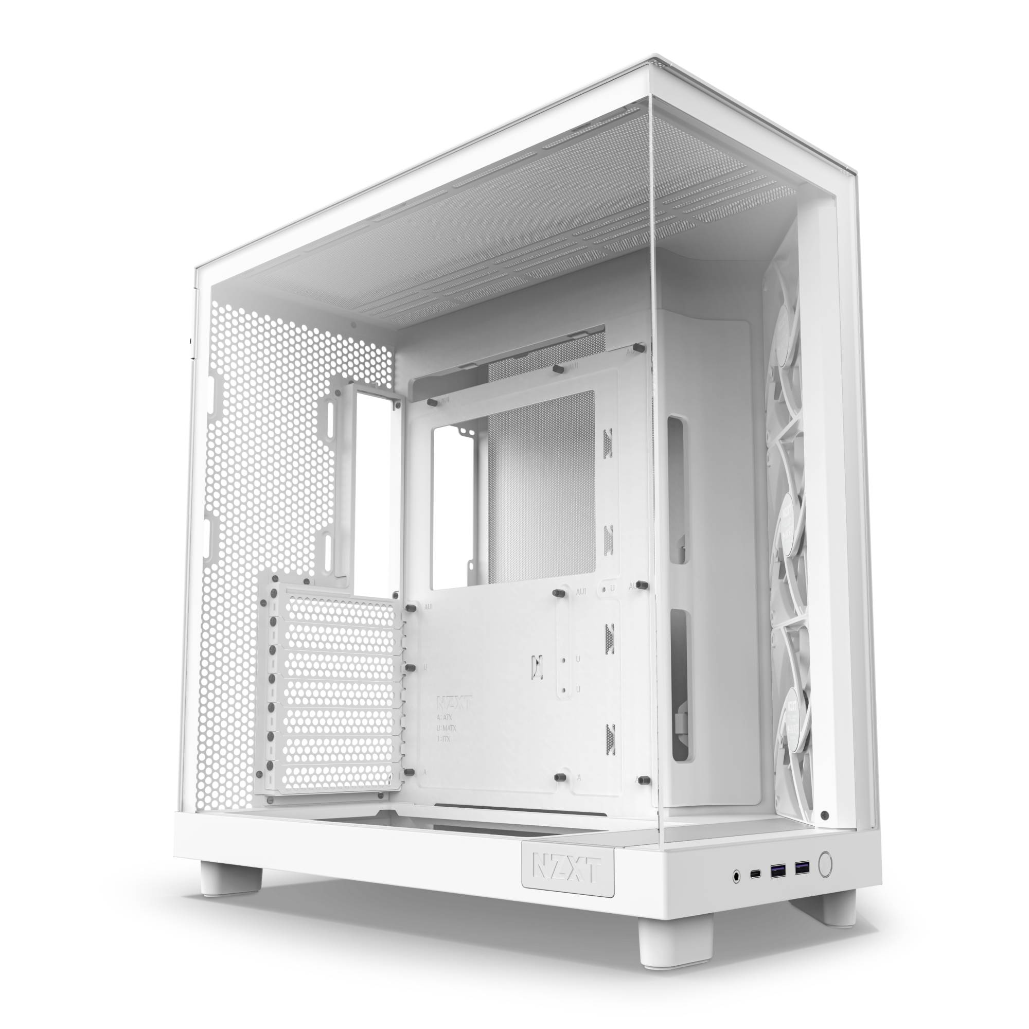 The NZXT H6 Flow is a white, modern computer case featuring a panoramic glass side panel, interior mounting slots, three front cooling fans for GPU cooling, and front I/O ports. Photographed against a white background.