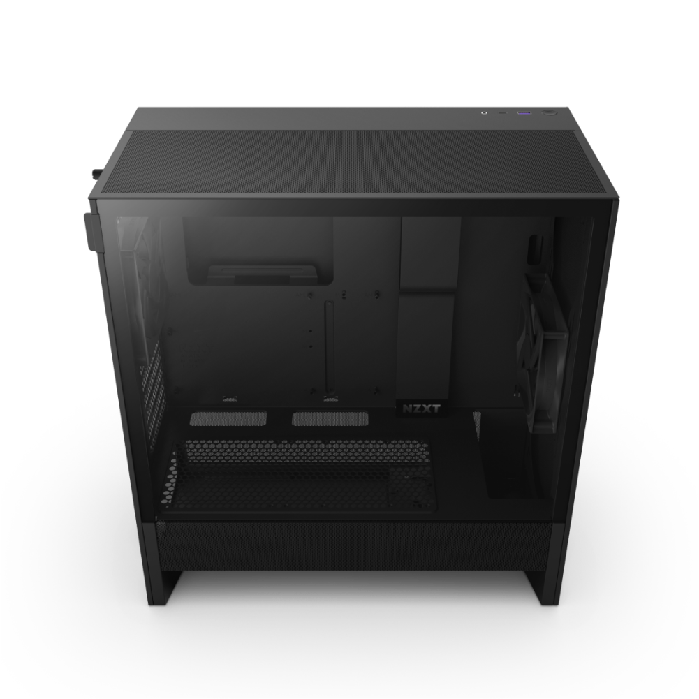 The NZXT H5 Flow is a black mid-tower PC case with a transparent side panel, displaying its empty interior and cooling fans optimized for airflow; its shown from a slightly elevated angle.