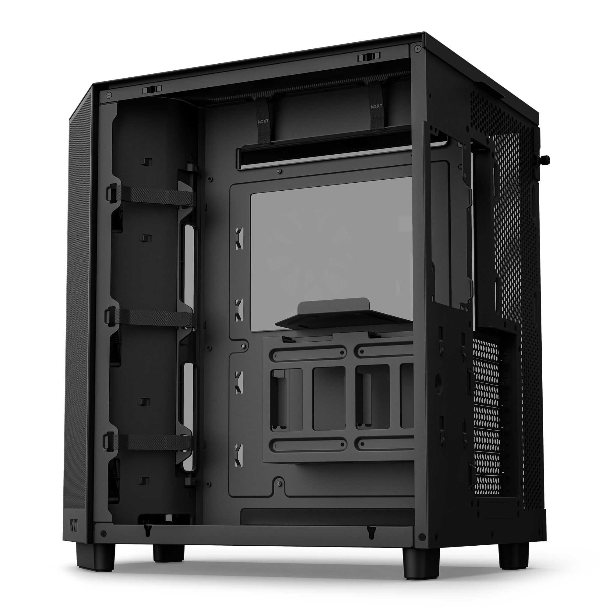 The NZXT H6 Flow is a black mid-tower case with a transparent panoramic glass side panel, visible internal drive bays, ventilated GPU cooling, a rear exhaust fan, and cable management features.