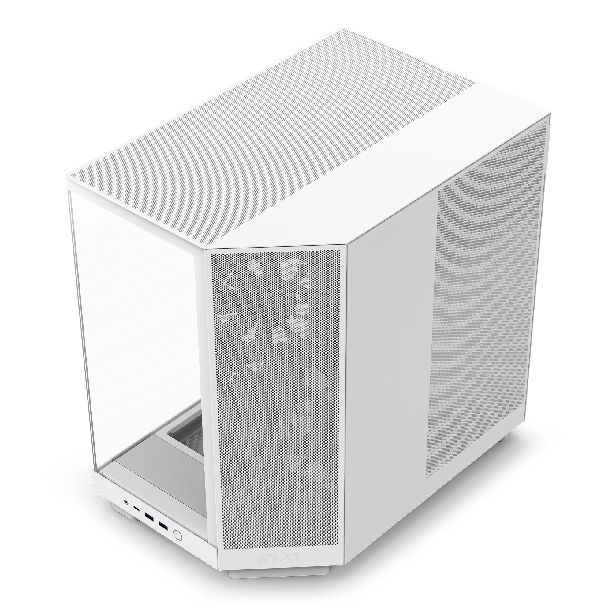 The NZXT H6 Flow is a white, modern PC case with mesh panels and a panoramic glass side window, visible cooling fans, efficient GPU cooling, compact dual-chamber design, and front I/O ports. Shown from a high angle on a white background.