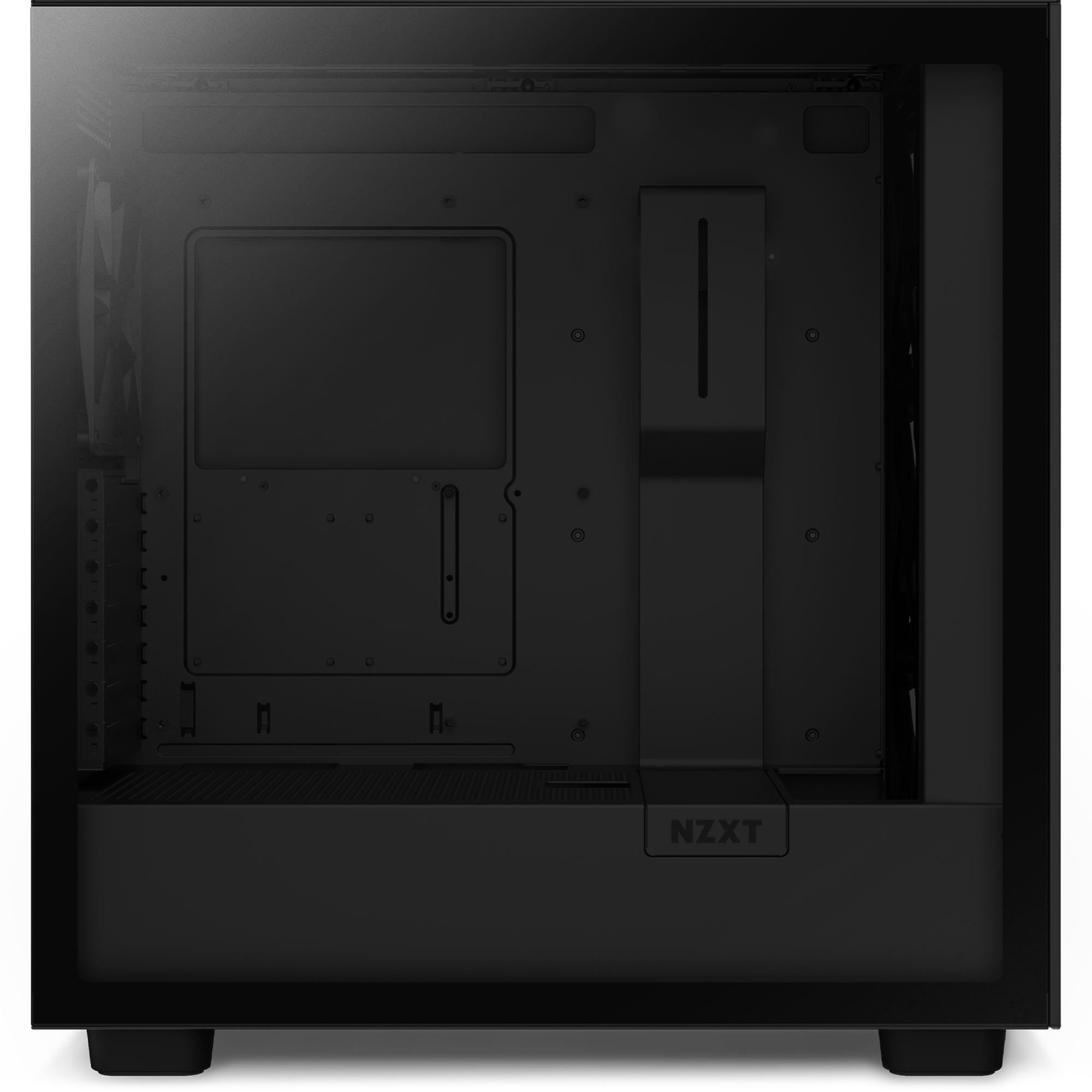 The NZXT H7 Elite is a black computer case featuring a tempered glass front panel and transparent side, showcasing an empty interior with visible mounting points and an intuitive cable management system.