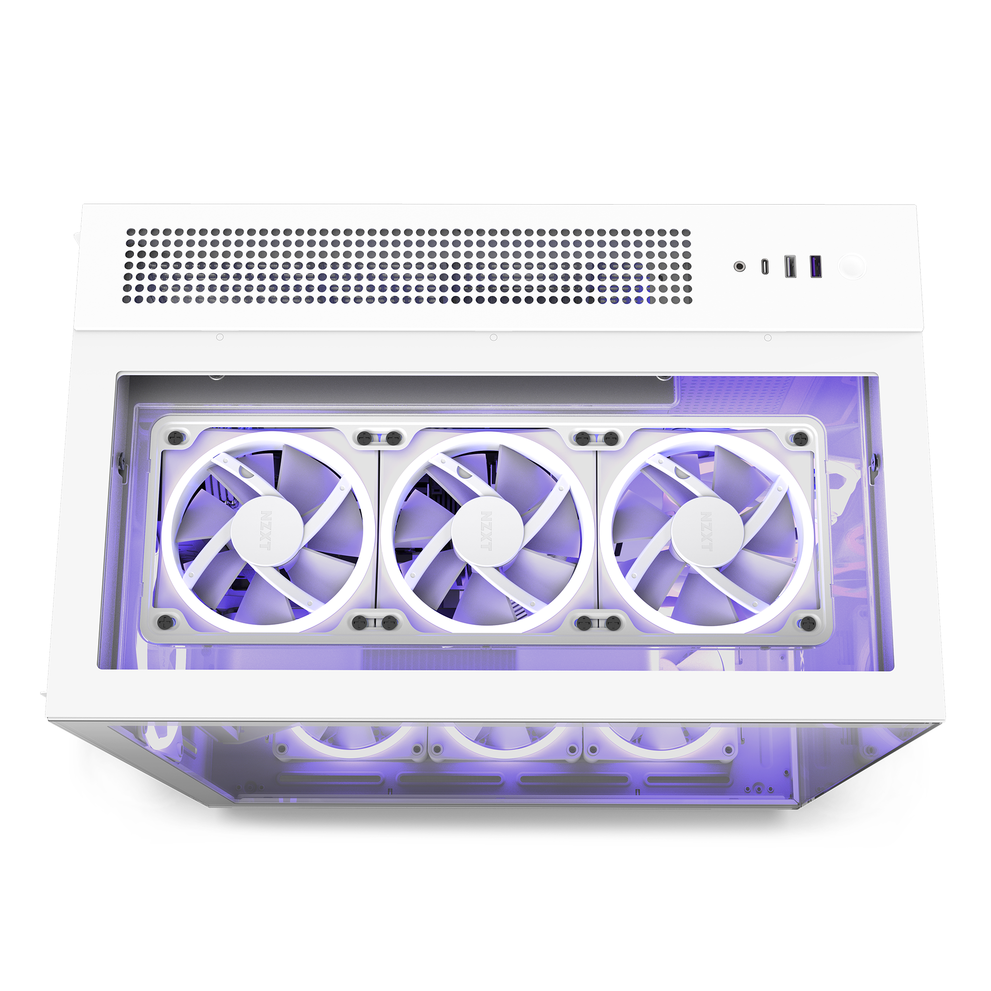 Top view of the NZXT H9 Elite computer case with a tempered glass side panel, showing three purple LED cooling fans inside and various ports on the top edge.