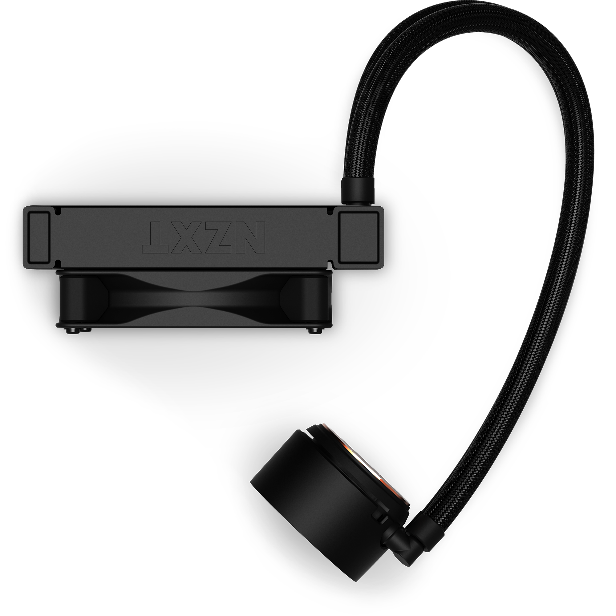 The NZXT Kraken 120 is a black liquid CPU cooler with a rectangular radiator linked to a round pump head by a flexible braided tube. Displayed on a plain black background, this AIO unit combines sleek design with efficient cooling.