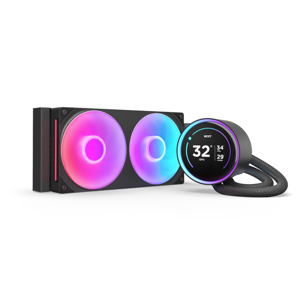 The NZXT Kraken Elite 240 RGB liquid CPU cooler features two circular RGB fans, a round digital display for temperatures and stats, a durable braided hose, and is powered by the NZXT Turbine pump.