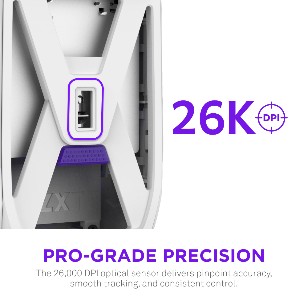 Close-up of NZXT Lift Elite Wireless’s 26K DPI sensor, highlighting Pro-Grade Precision: Experience pinpoint accuracy, smooth tracking, and consistent control in an ultra-lightweight gaming mouse.