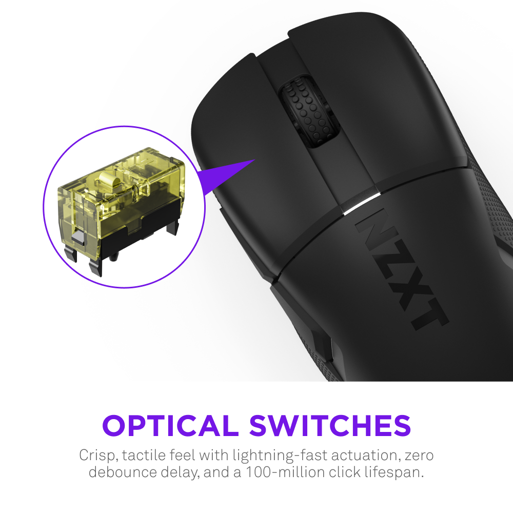 A close-up of the NZXT Lift Elite Wireless gaming mouse highlights its optical switch with a transparent yellow casing. Below, text details fast actuation, a 26K DPI sensor, and a 100-million click lifespan.