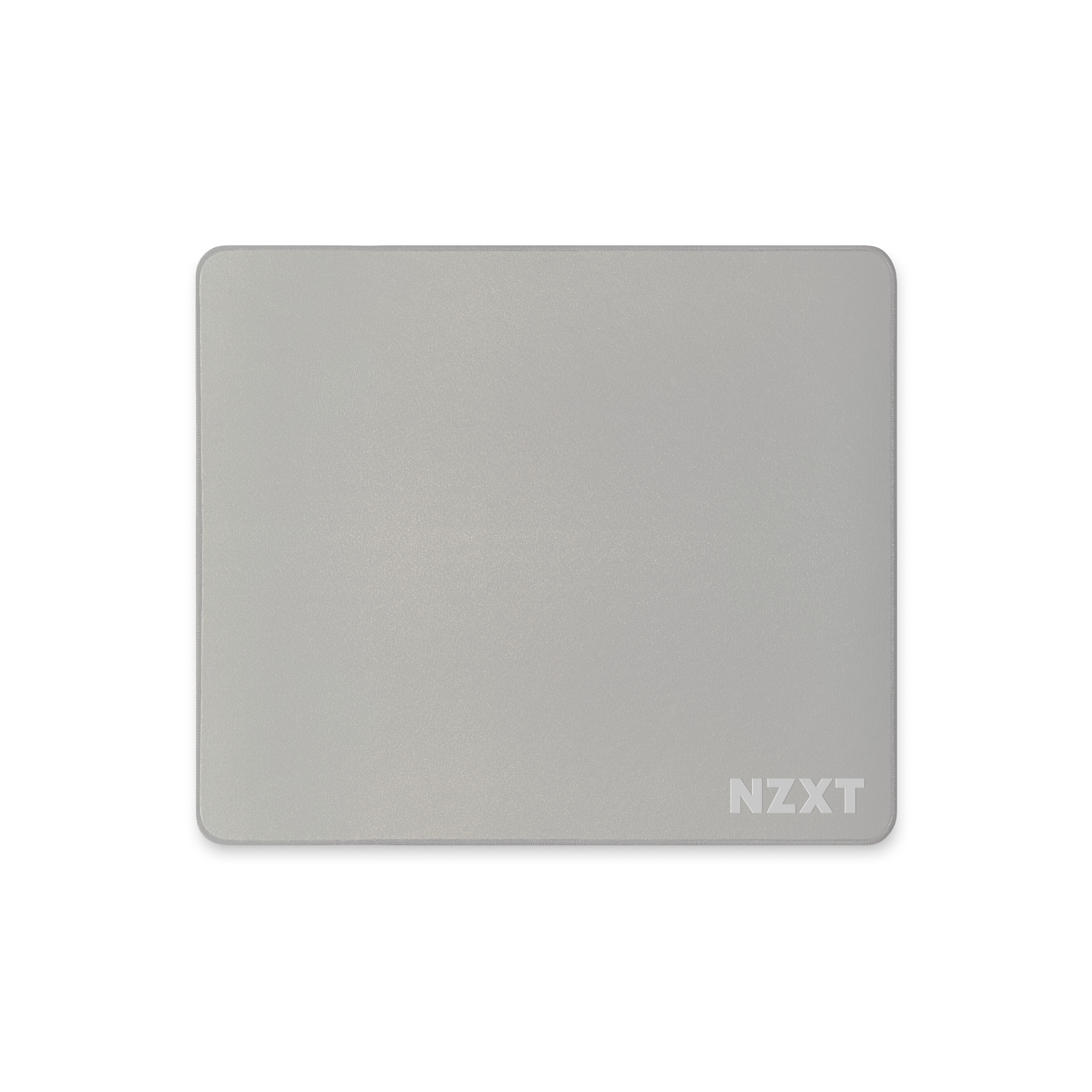 The NZXT MMP400 is a rectangular, light gray mousepad with a stain-resistant, low-friction surface and rounded corners. The NZXT logo in white appears at the bottom right corner. It’s shown on a black background.