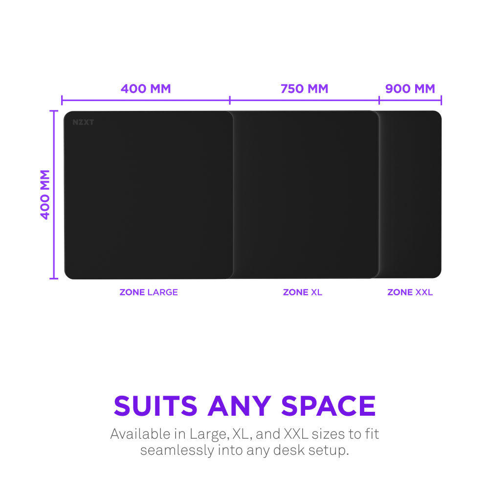Black Zone 2XL Mousepad with a size chart showing three different mousepad sizes