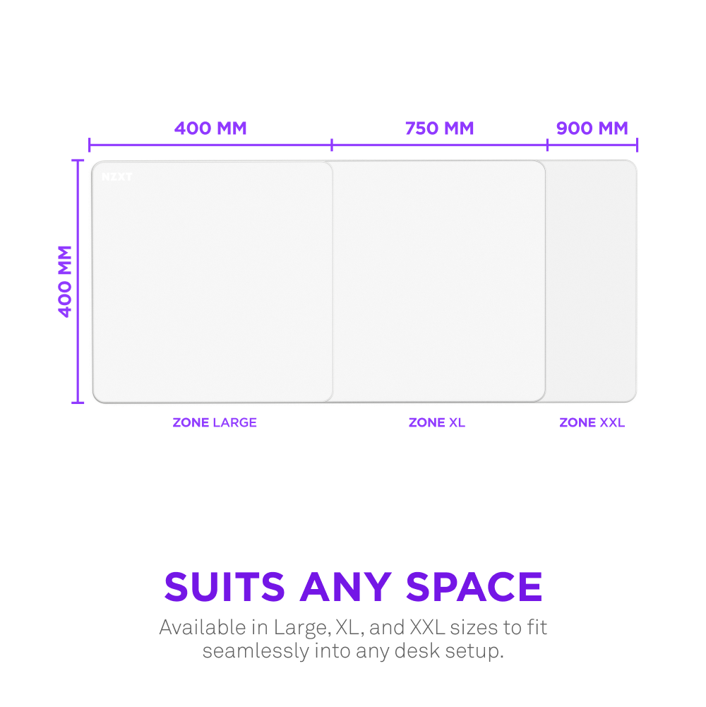 White Zone 2XL Mousepad with a size chart showing three different mousepad sizes