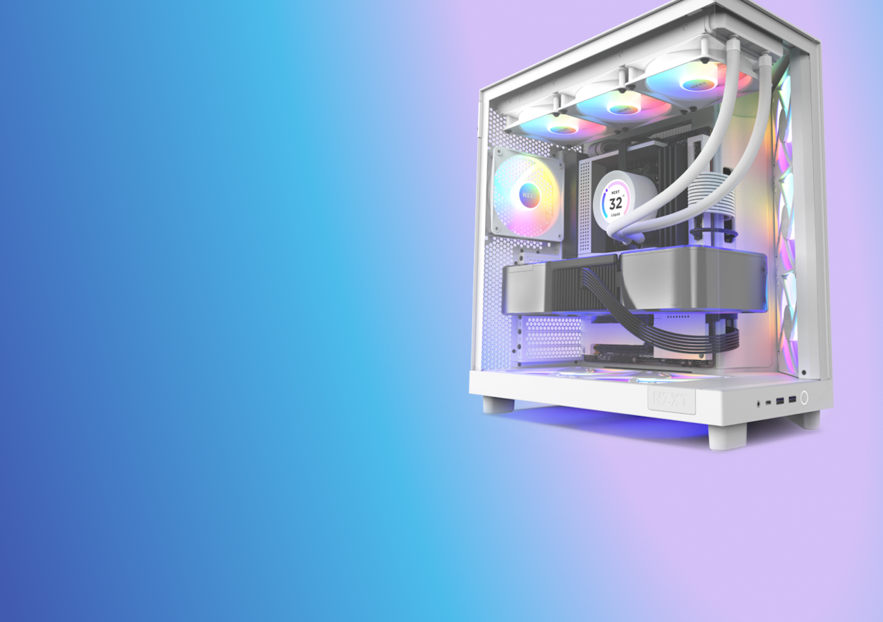 H6 Flow RGB du côté vitré montrant un Kraken Elite 360 RGB monté en haut, une carte mère NZXT et d’autres composants blancs.