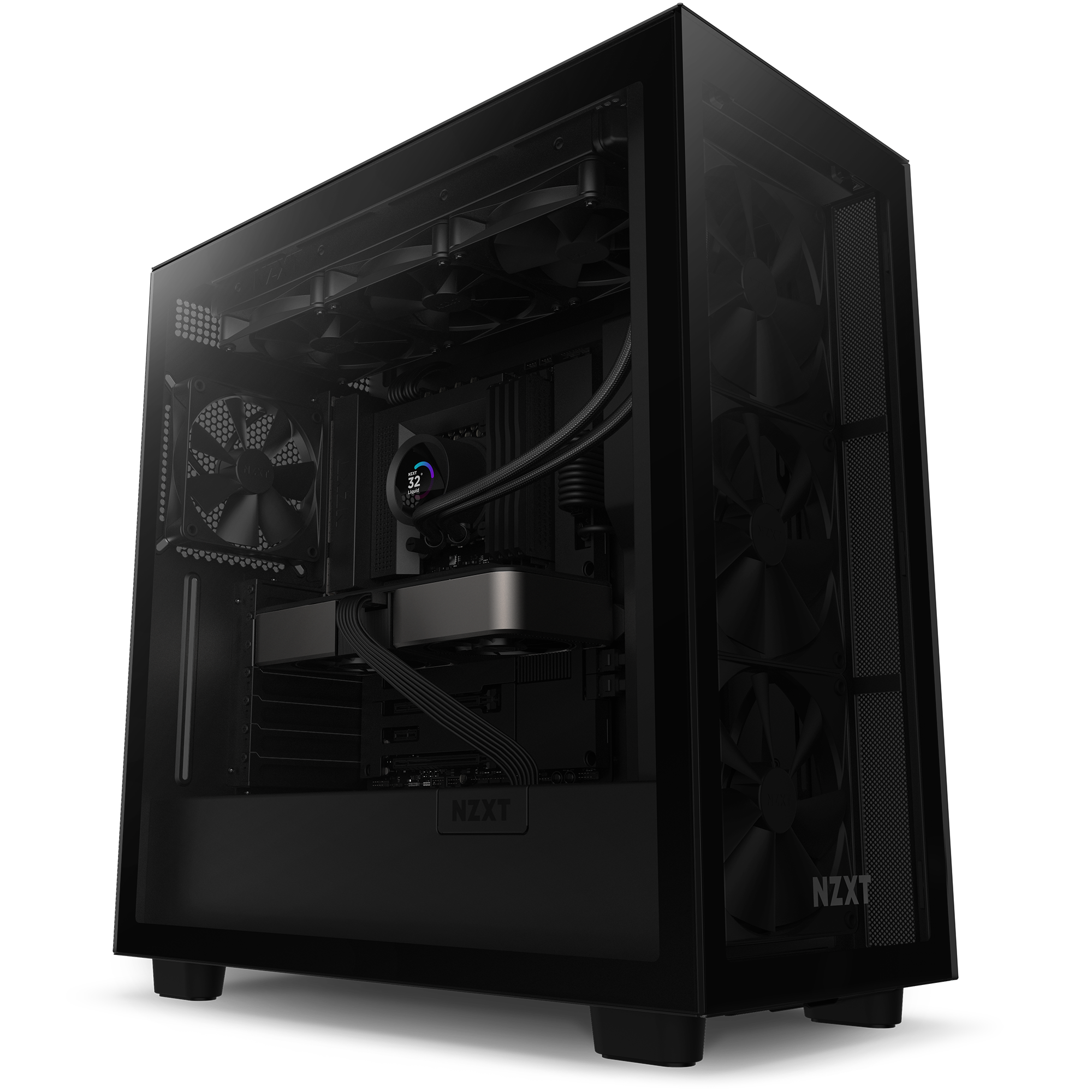 The NZXT Kraken 360 is a black gaming PC case featuring a transparent side panel that displays internal components, cooling fans, cables, and the Kraken 360 liquid cooling system—all in a sleek, modern design.