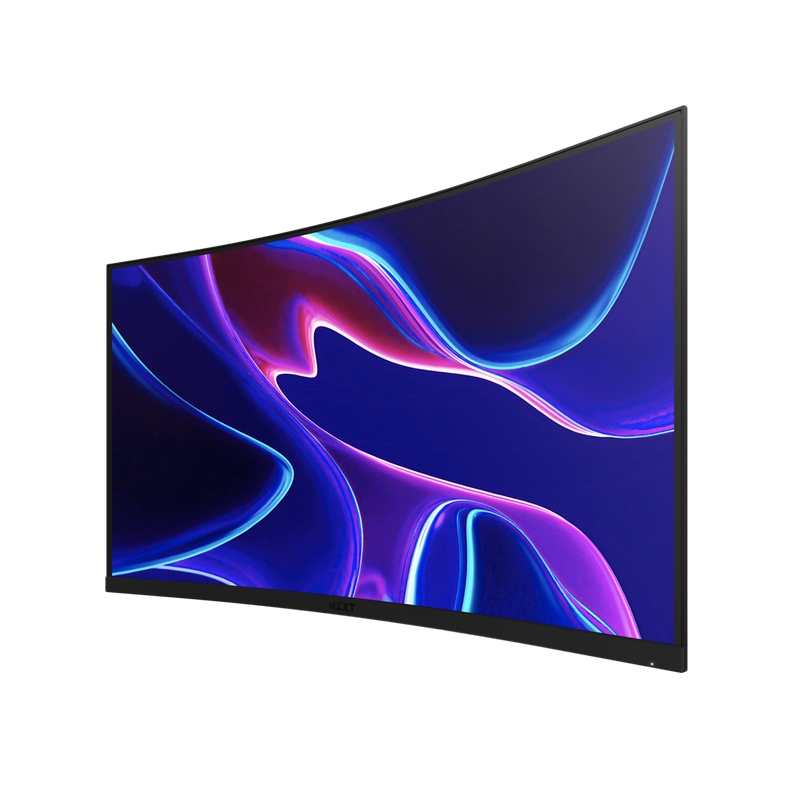 The NZXT Canvas 32Q Curved (Panel Only) computer monitor with QHD resolution displays vivid abstract neon blue and purple waves on a black screen, viewed from a front-left angle.