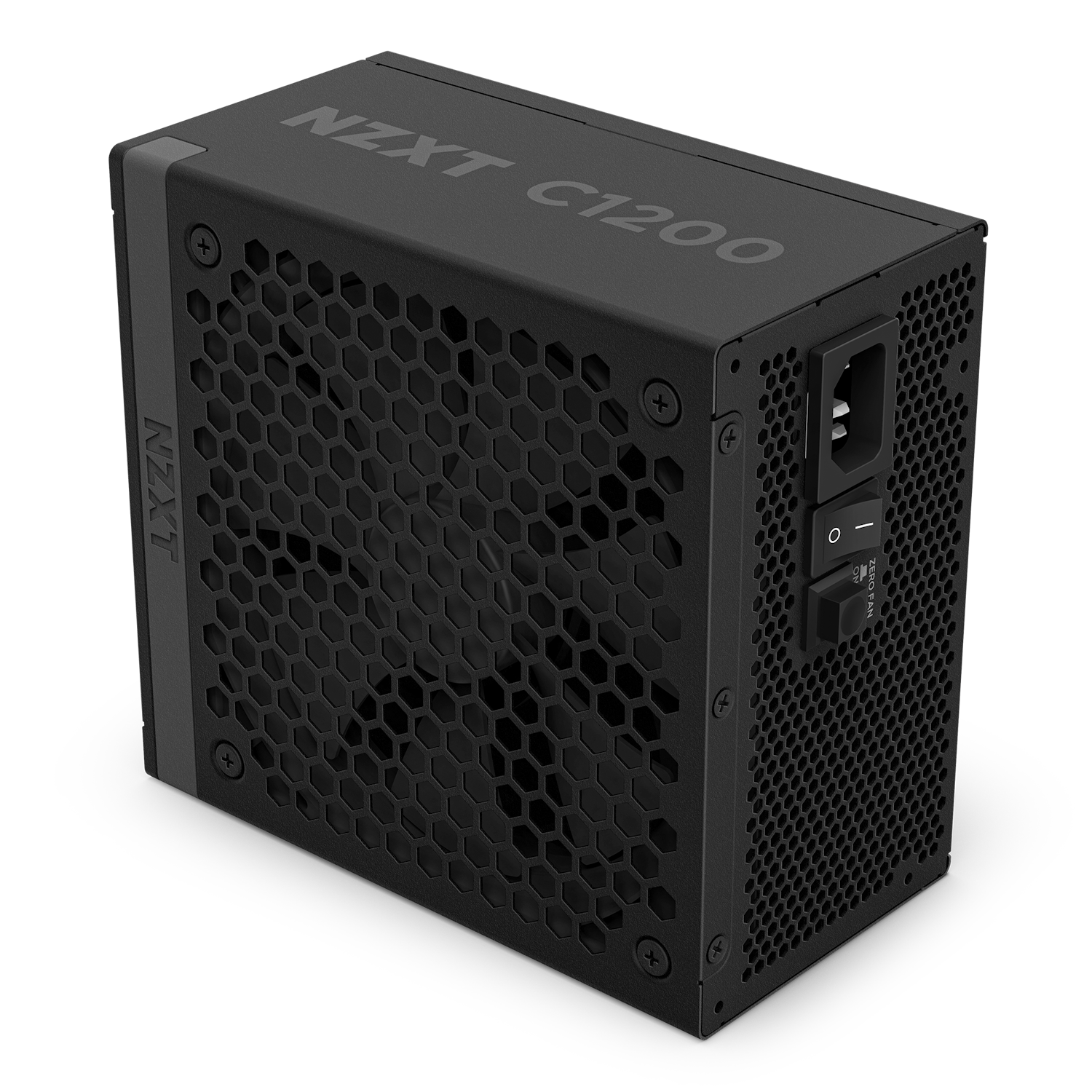 The NZXT C1200 Gold ATX 3.1 is a black PSU featuring a honeycomb vent, visible fan, power switch, and socket—ideal for powering NVIDIA GeForce RTX 50 Series graphics cards.
