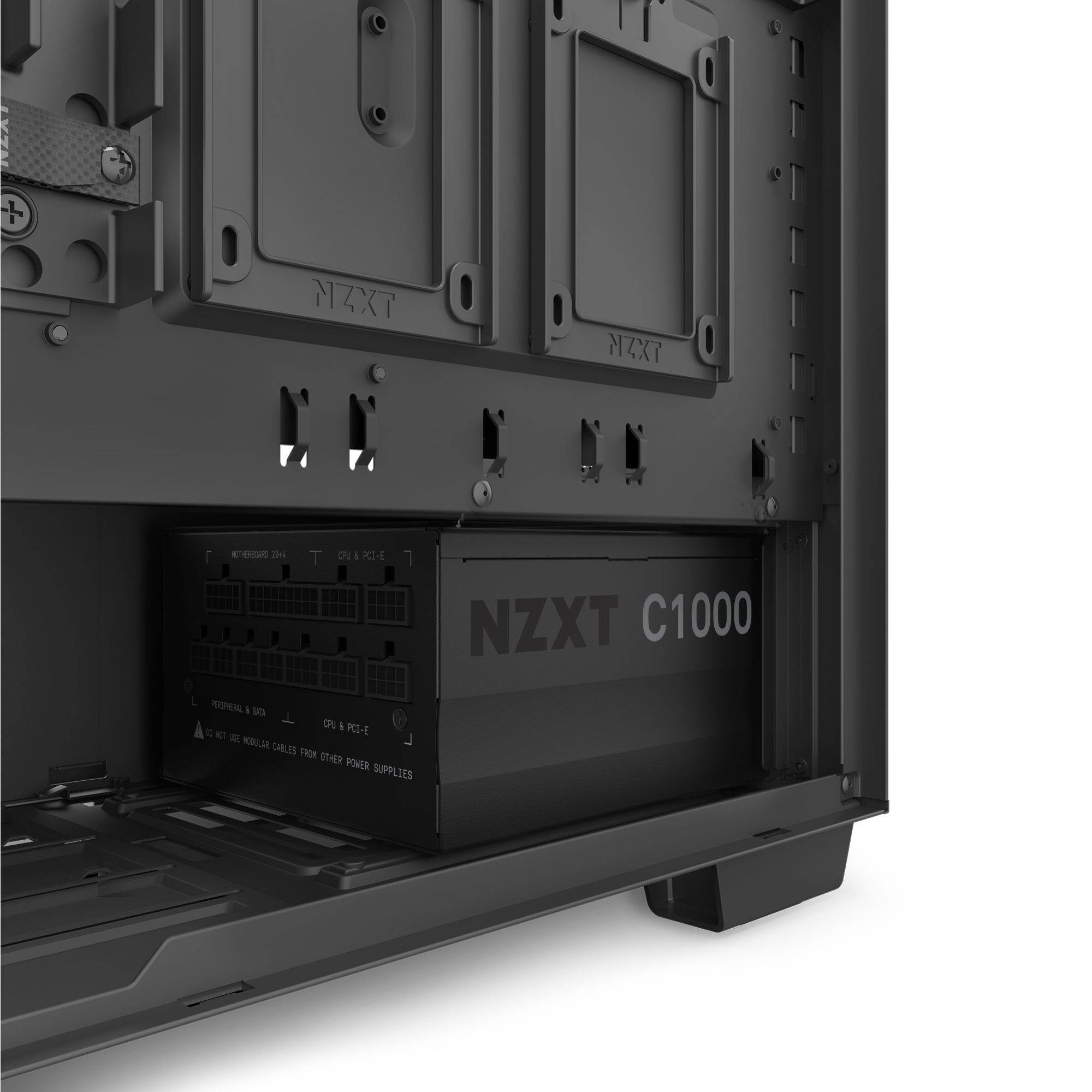 Close-up of an NZXT C1000 Gold (2022) power supply installed in a black case, delivering 1000W—perfect for gaming PCs and supporting high-end GPUs like the NVIDIA RTX 3090.