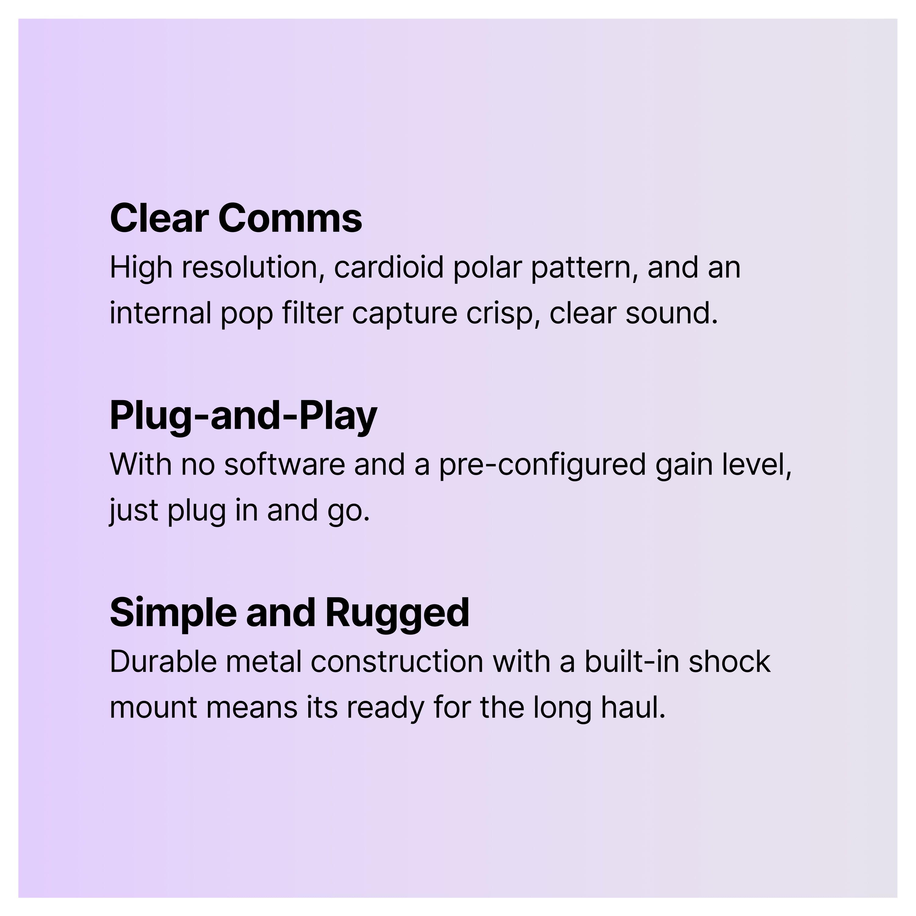 Text on a purple gradient background lists microphone features: Clear Comms highlights crisp sound quality; Plug-and-Play notes easy setup; Simple and Rugged mentions durable metal construction with a built-in shock mount.