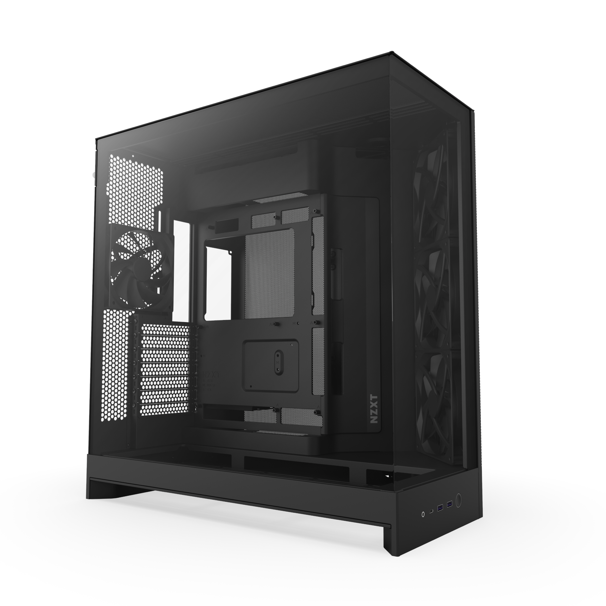 The NZXT H9 Flow is a black ATX case featuring a transparent side panel, visible cooling fans for optimized airflow, an empty interior, and convenient front panel ports.
