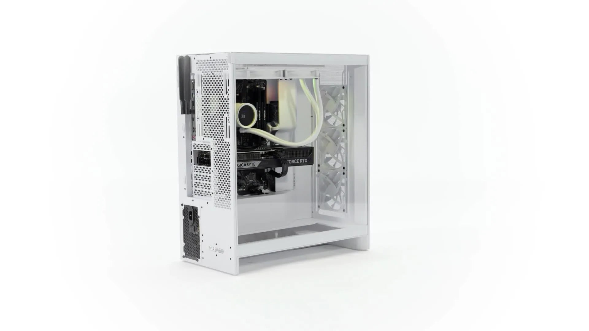 A white desktop computer tower with a transparent side panel revealing internal components, including cooling fans, liquid cooling tubes, and a graphics card, set against a plain white background.