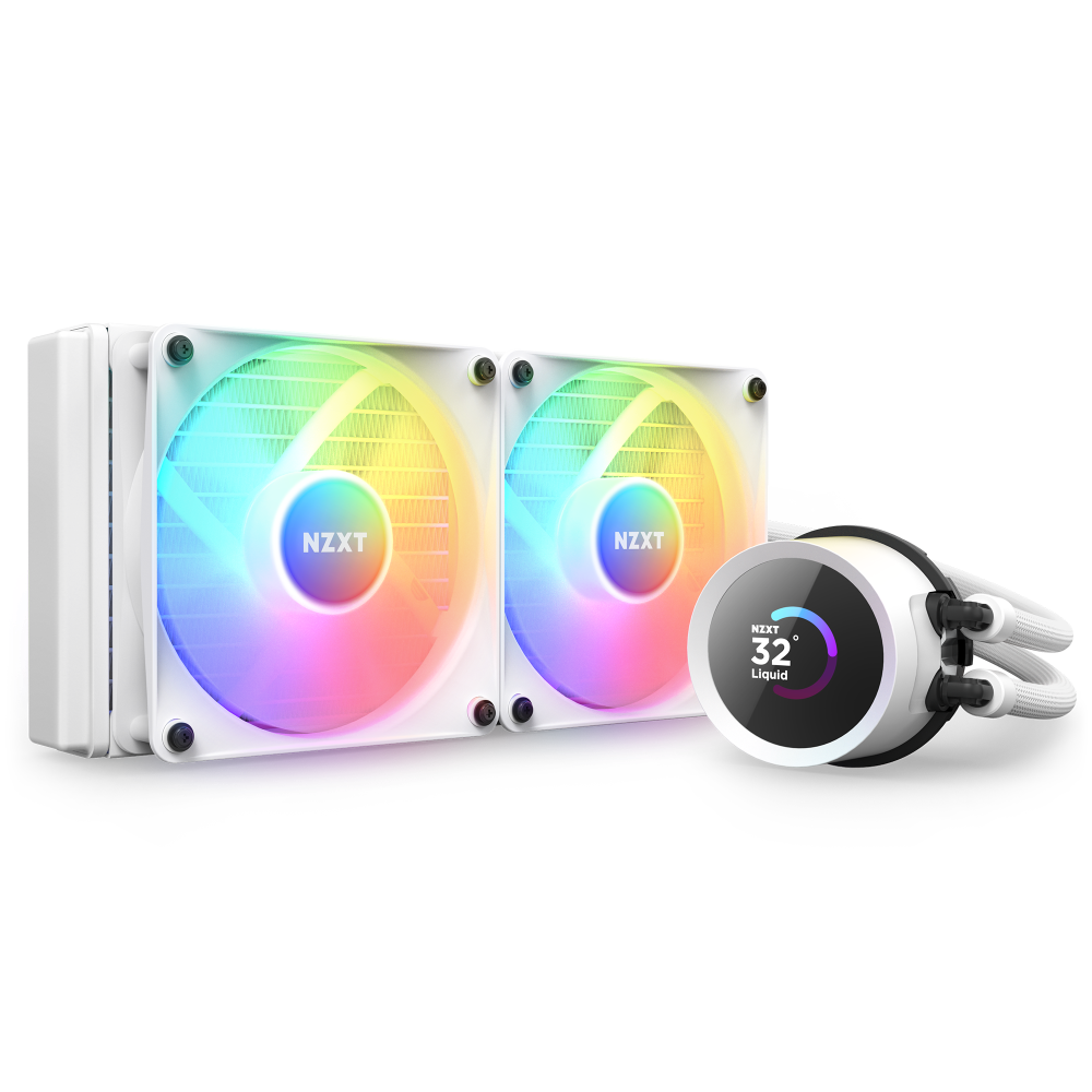 The NZXT Kraken 240 RGB is a white liquid CPU cooler featuring two RGB fans and a circular LCD pump display showing an optimal cooling temperature of 32°C.