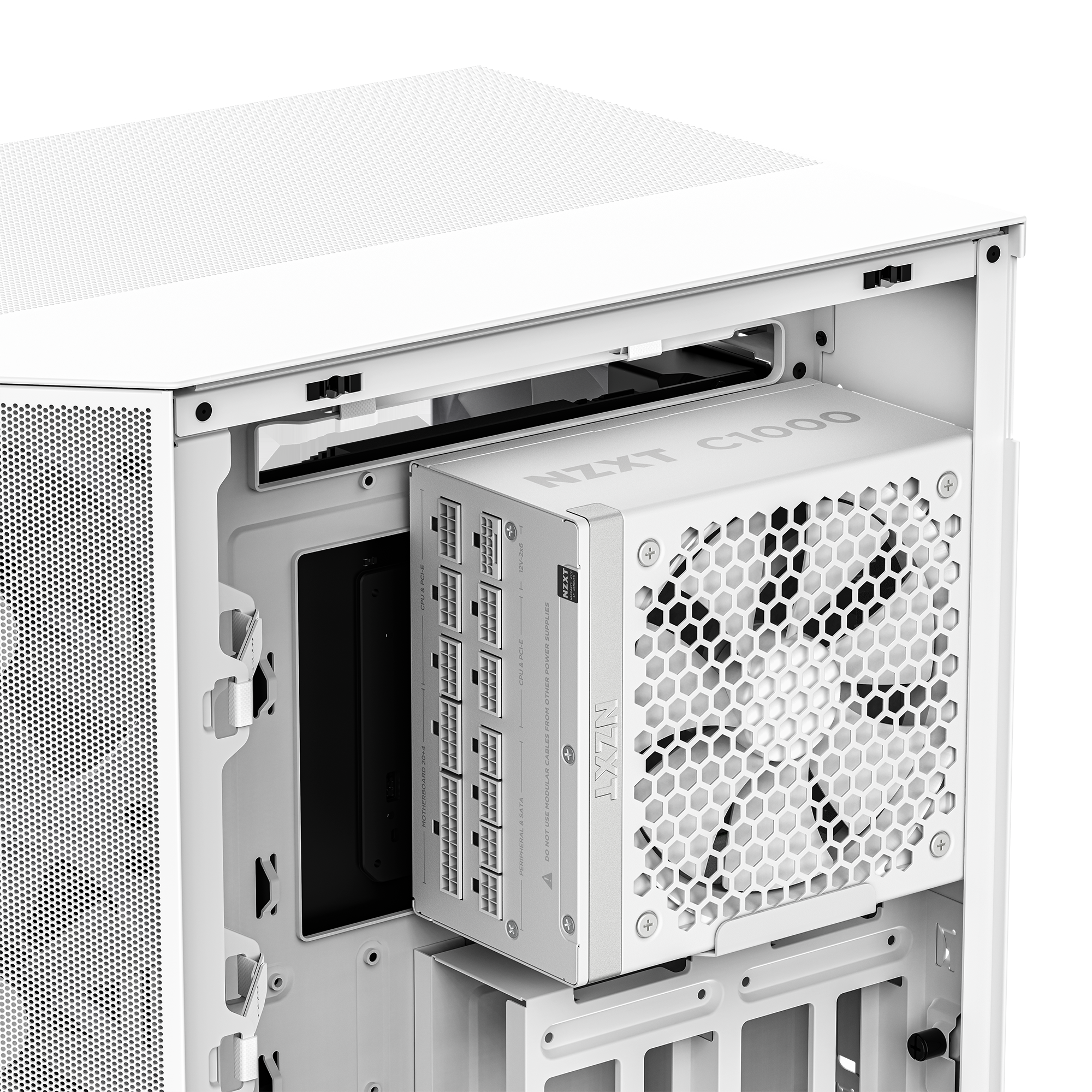 Close-up of the NZXT C1000 Gold ATX 3.1 PSU, installed in a sleek case, showing its fan, modular connectors, and mesh panel—ideal for powering next-gen GPUs like the NVIDIA GeForce RTX 50 Series.