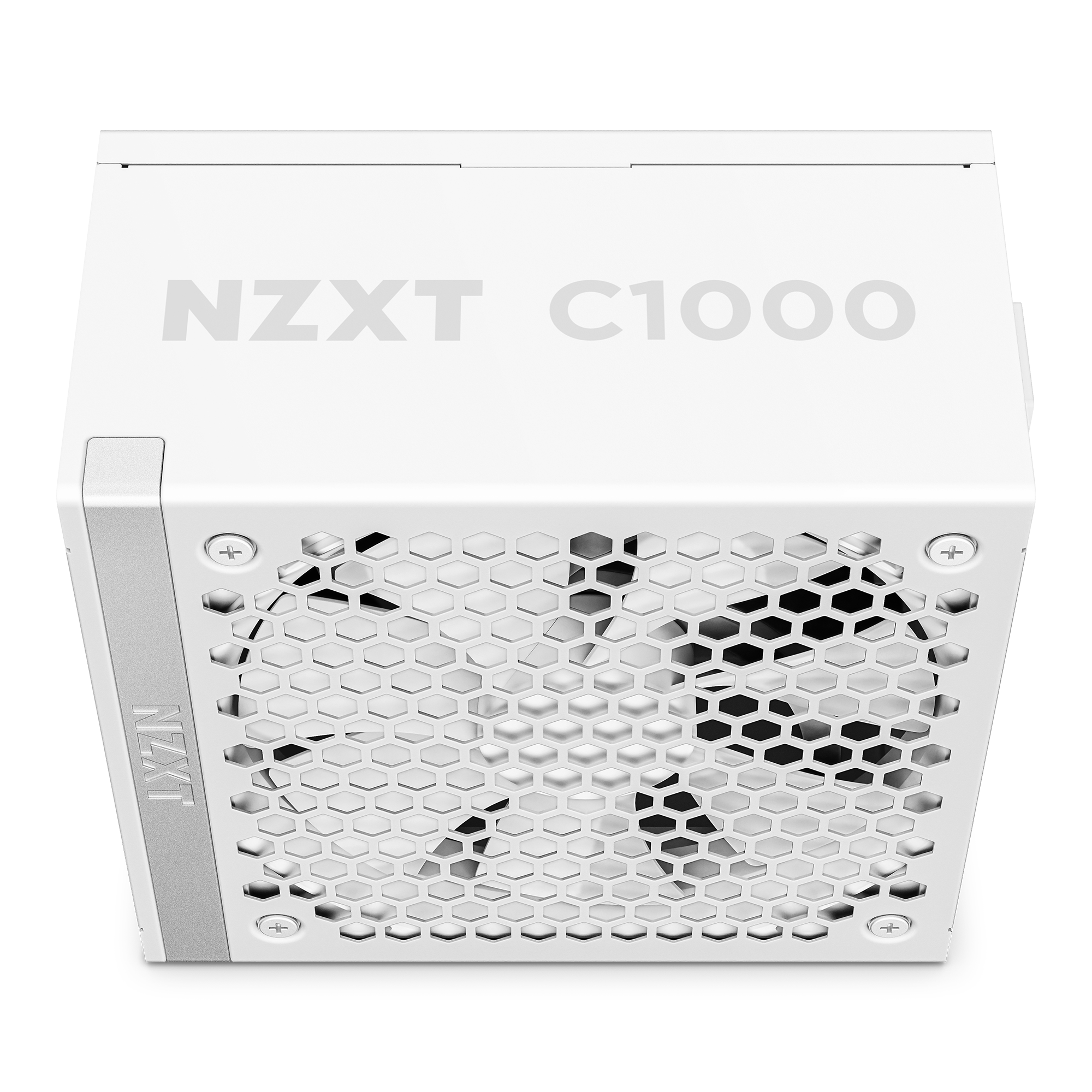 A white NZXT C1000 Gold ATX 3.1 power supply unit is shown from an angled top-down view, highlighting its honeycomb ventilation grille and the cooling fan visible beneath it.