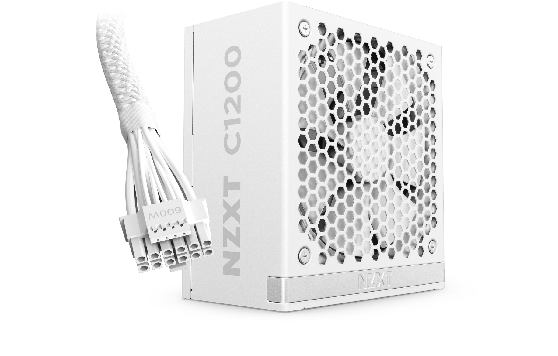A white NZXT C1200 power supply unit with a honeycomb ventilation pattern and a braided power cable ending in a 600W connector, set against a black background.