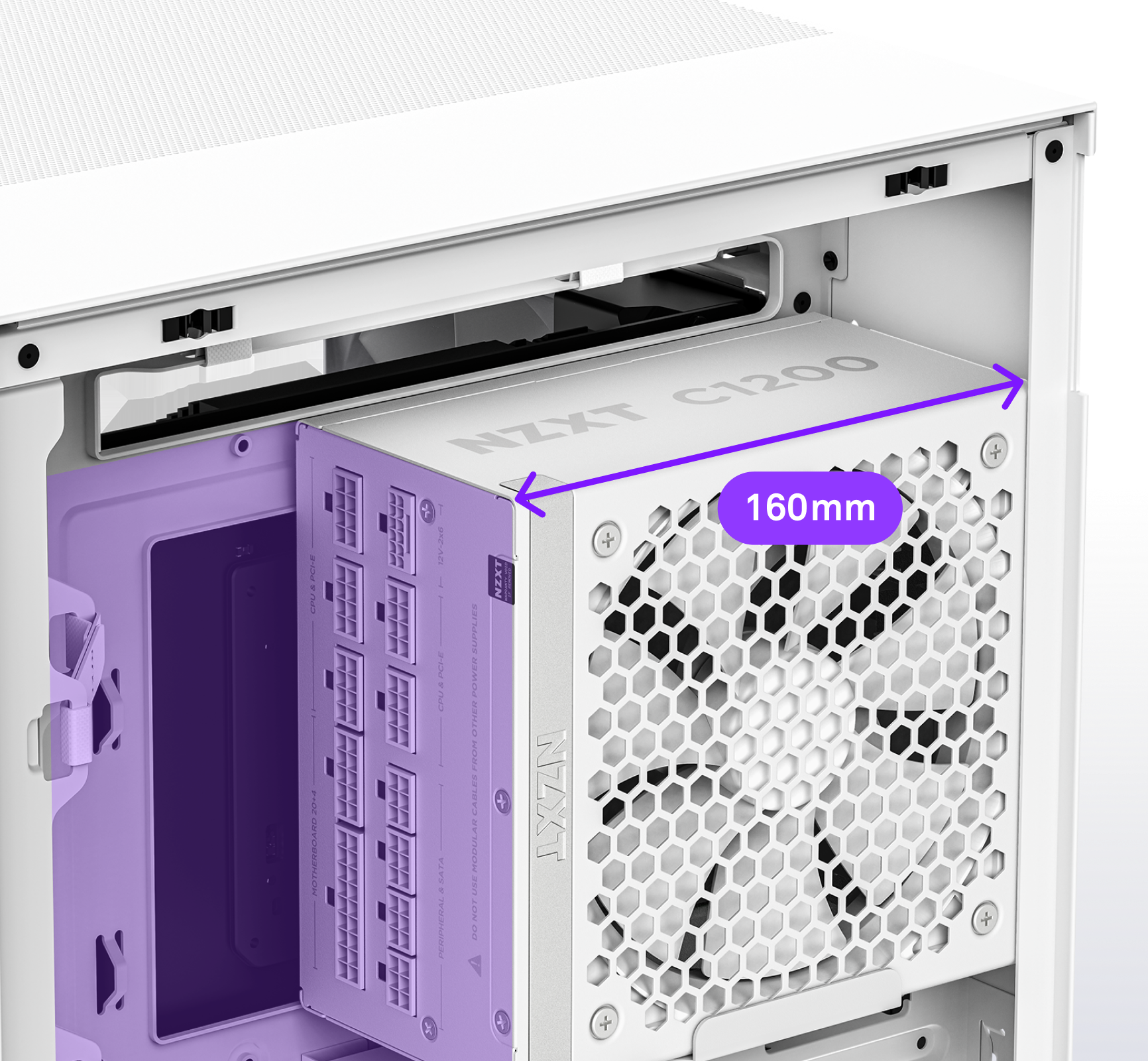 A white NZXT C1200 power supply installed in a PC case, with an arrow indicating its length of 160mm. The power supply fan and side panel are visible.