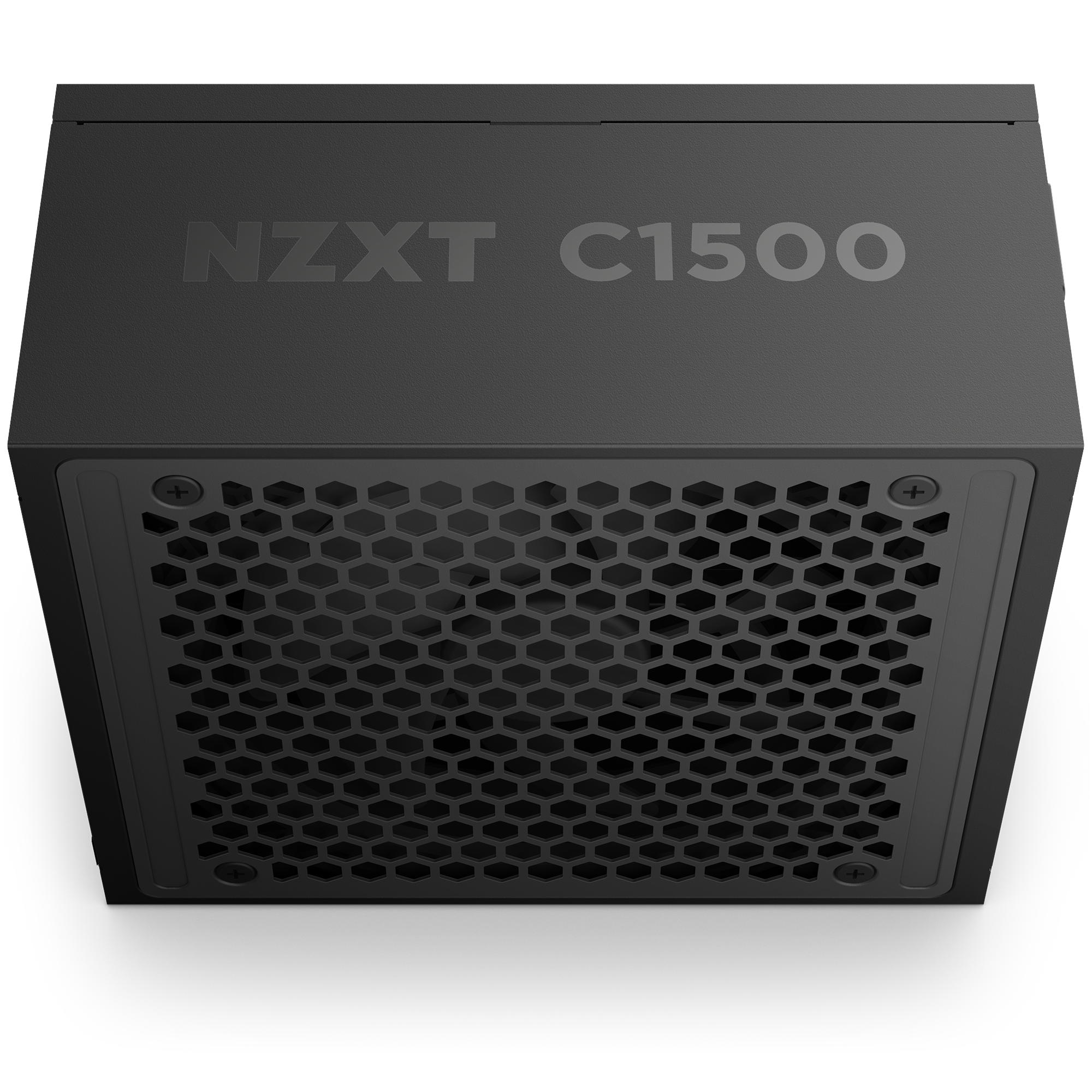 A black NZXT C1500 Platinum ATX 3.1 PSU is shown angled to reveal the brand and model, featuring a honeycomb grill and PCIe 5.1 connectivity for next-gen compatibility.