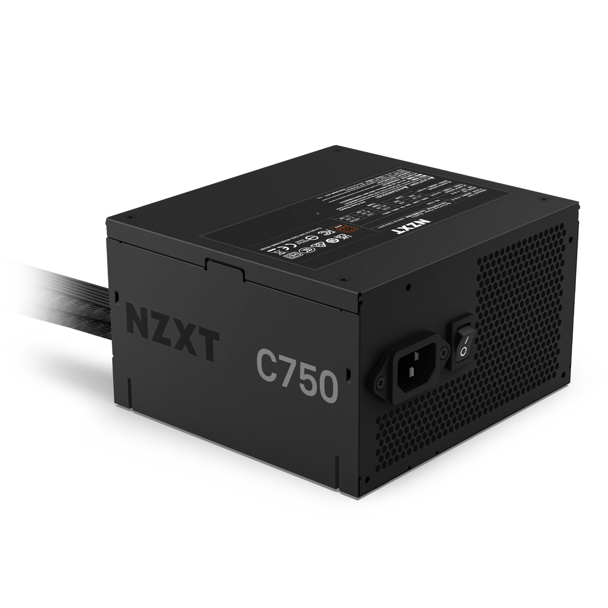 The NZXT C750 Bronze (2023) is a black power supply unit for computers, featuring ventilation holes, a labeled model number, power switch, socket, and cables for high-performance PC gaming setups.