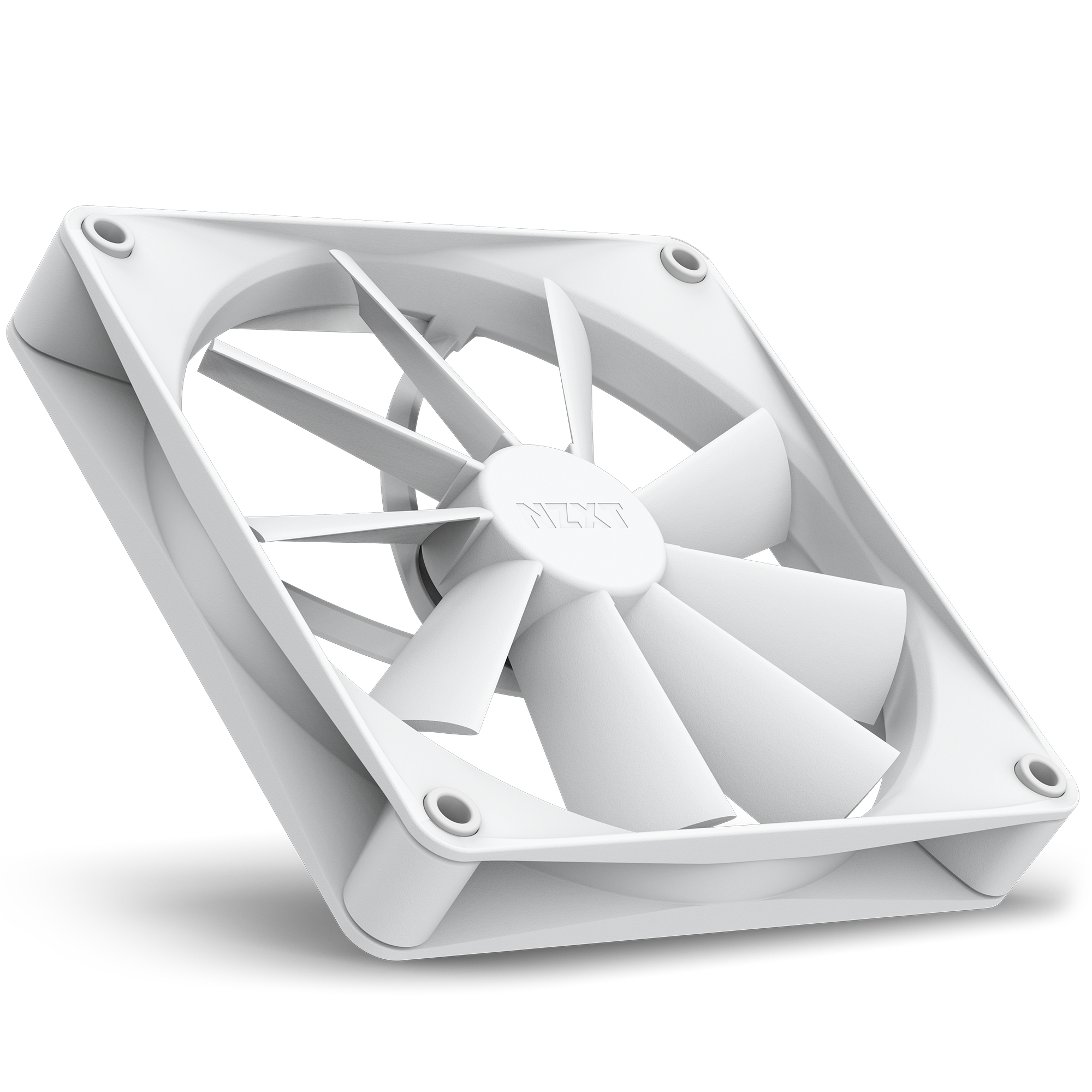 The NZXT F140Q (2022) is a white, seven-blade computer cooling fan with an airflow-focused design, mounted in a square frame and shown at an angle on a white background. The center hub displays the NZXT logo.